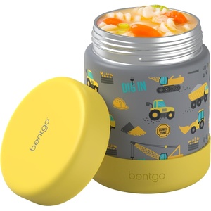 Bentgo Kids Stainless Steel Food Jar – 11 fl oz Leak-Proof Double Insulated Hot or Cold Food Container with Removable Silicone Bumper, Dishwasher Safe, Easy Open Lid, Ages 3+ (Cowgirl Dreams)(Construction Trucks)