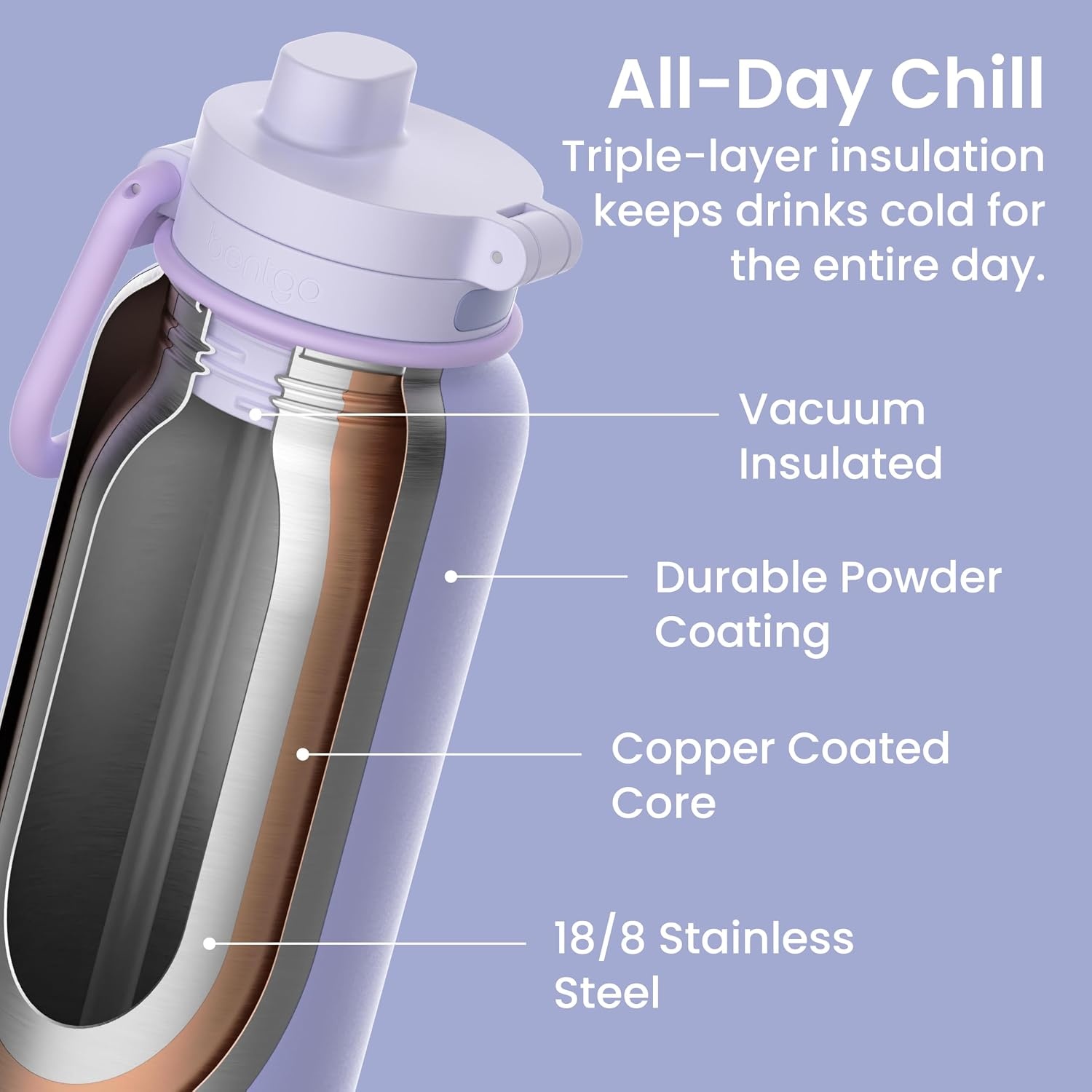 image:imageBentgo Flip 2in1 Straw amp Chug LeakProof Insulated Water Bottle 24 fl oz Premium 188 Stainless SteelTripleLayer Vacuum Insulation 24Hour Cold BPA amp PFASFree Prep BlueLilac Cloud