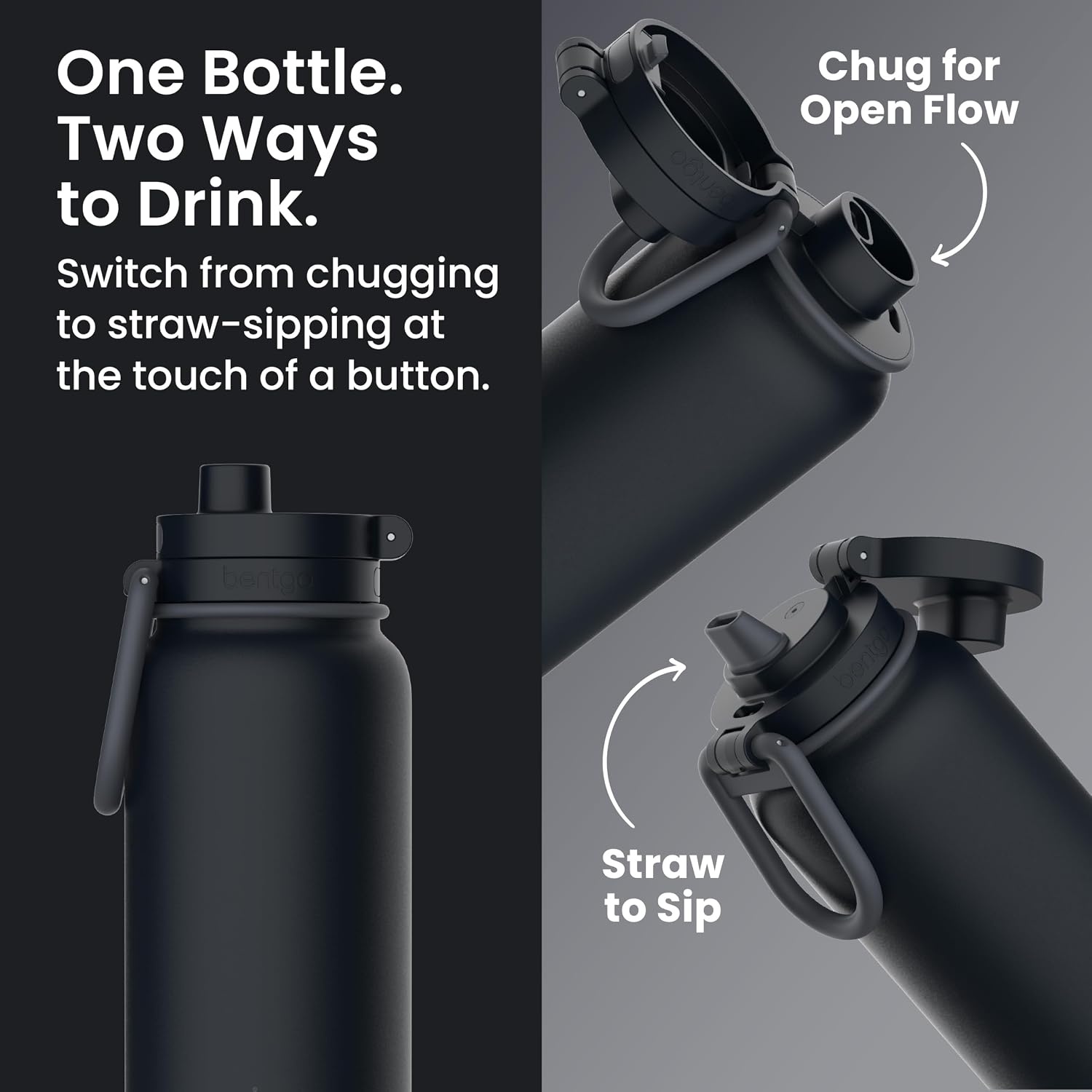 image:imageBentgo Flip 2in1 Straw amp Chug LeakProof Insulated Water Bottle 24 fl oz Premium 188 Stainless SteelTripleLayer Vacuum Insulation 24Hour Cold BPA amp PFASFree Prep BlueBack to Black