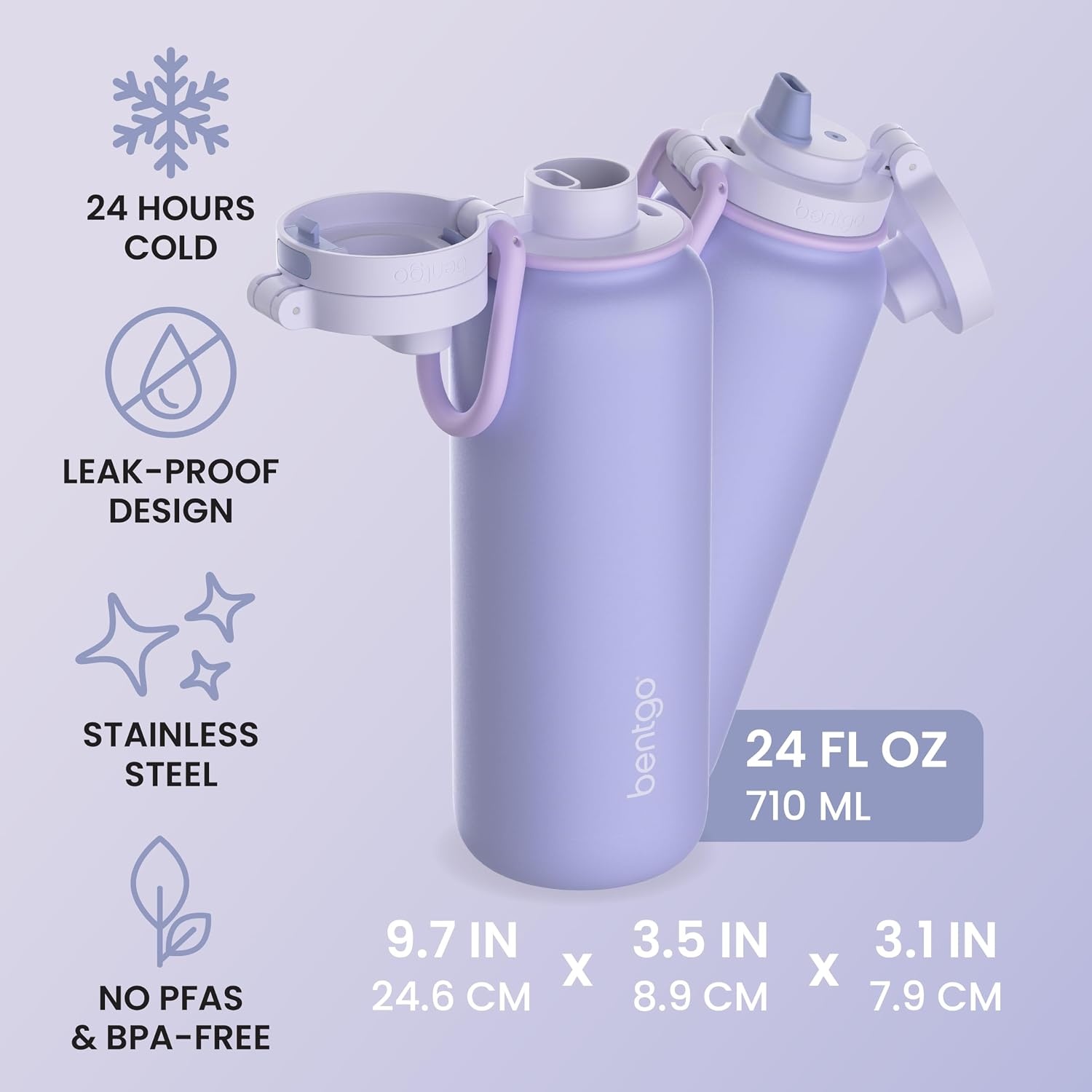 image:imageBentgo Flip 2in1 Straw amp Chug LeakProof Insulated Water Bottle 24 fl oz Premium 188 Stainless SteelTripleLayer Vacuum Insulation 24Hour Cold BPA amp PFASFree Prep BlueLilac Cloud
