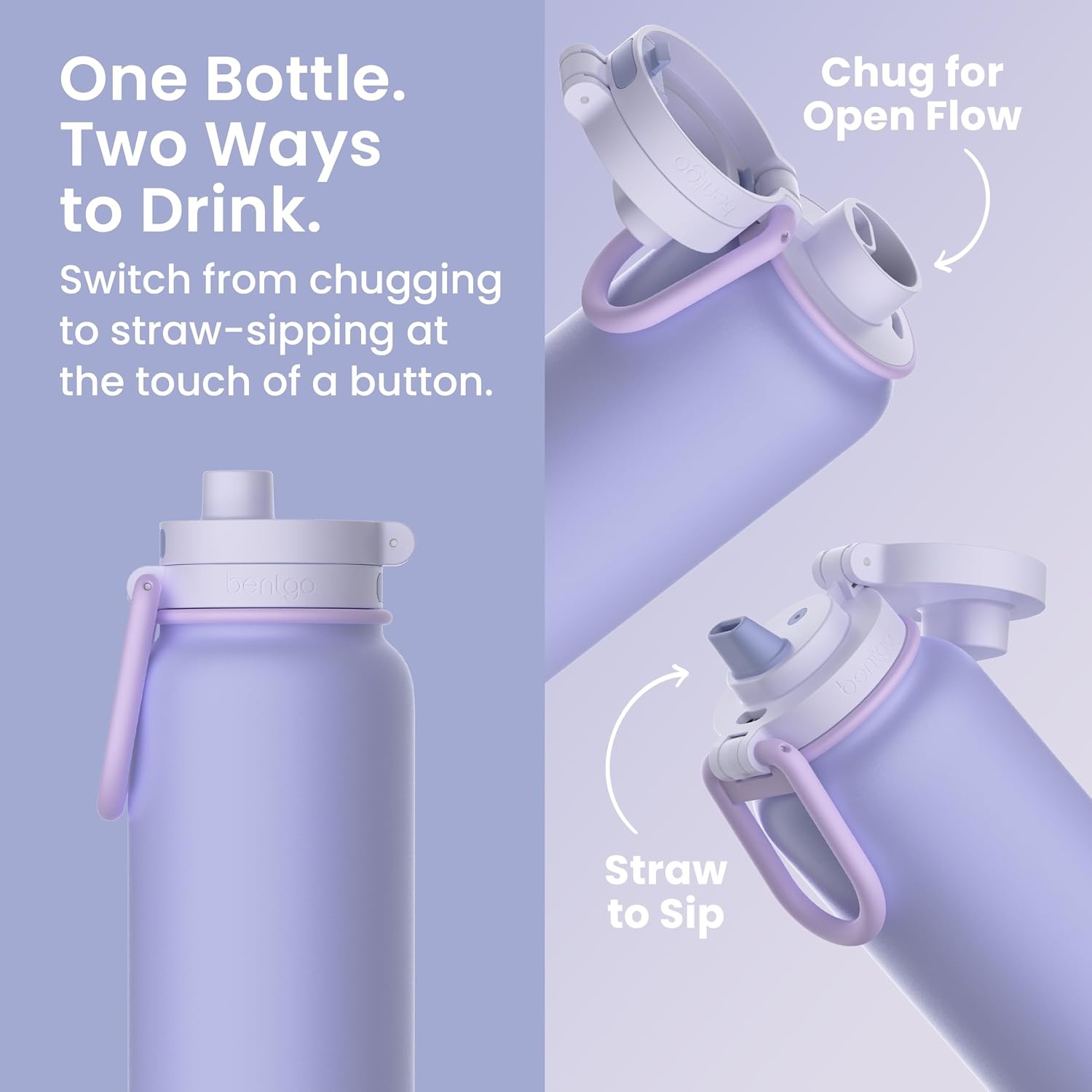 image:imageBentgo Flip 2in1 Straw amp Chug LeakProof Insulated Water Bottle 24 fl oz Premium 188 Stainless SteelTripleLayer Vacuum Insulation 24Hour Cold BPA amp PFASFree Prep BlueLilac Cloud