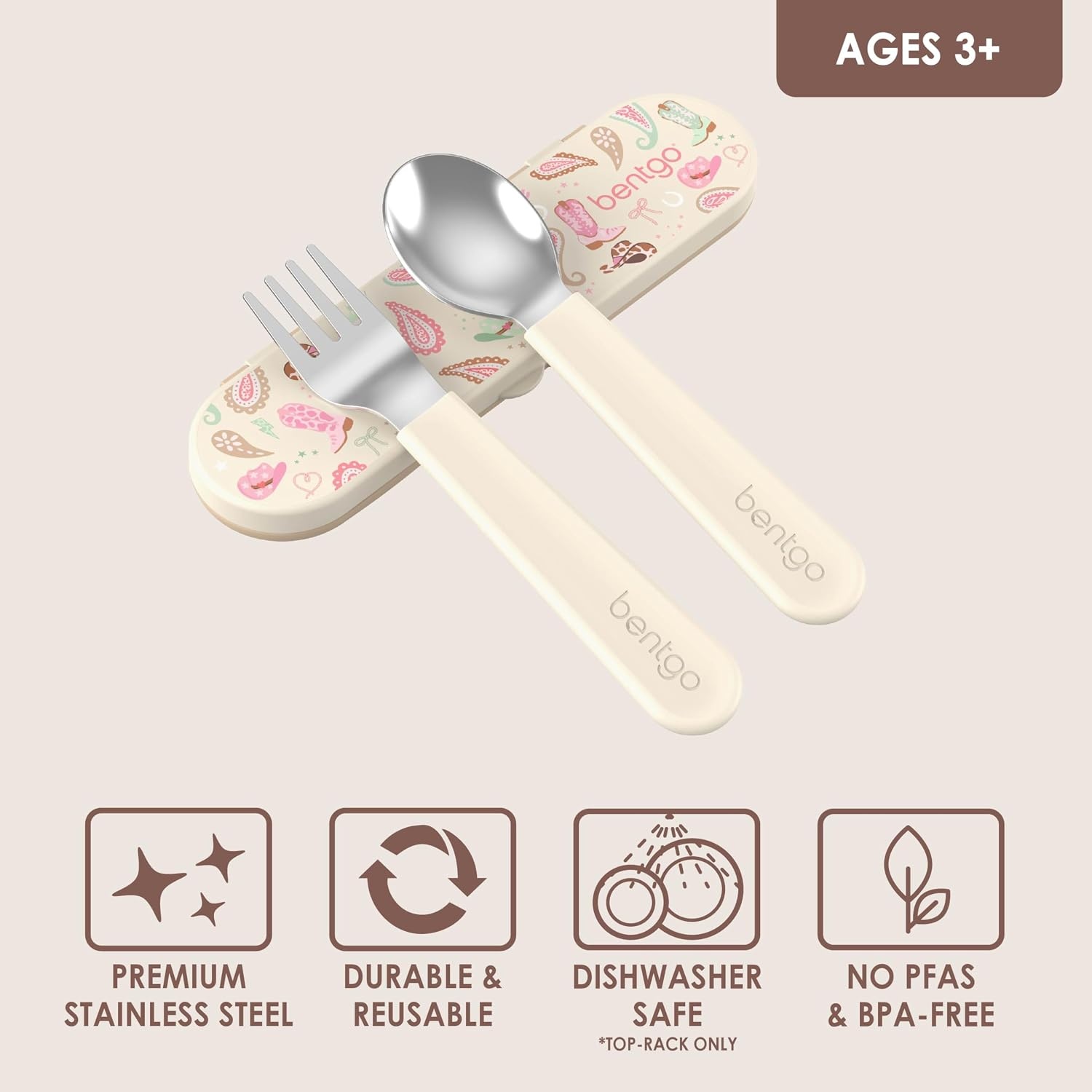 image:imageBentgo Kids Stainless Steel Utensil Set Reusable Fork Spoon amp Storage Case PFAS amp BPAFree EasyGrip Handles Lightweight Dishwasher Safe School Lunch Travel amp Outdoors NEW Ballet and BowsCowgirl Dreams