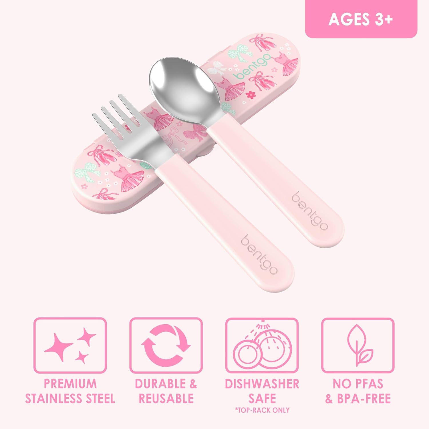 image:imageBentgo Kids Stainless Steel Utensil Set Reusable Fork Spoon amp Storage Case PFAS amp BPAFree EasyGrip Handles Lightweight Dishwasher Safe School Lunch Travel amp Outdoors NEW Ballet and BowsBallet and Bows