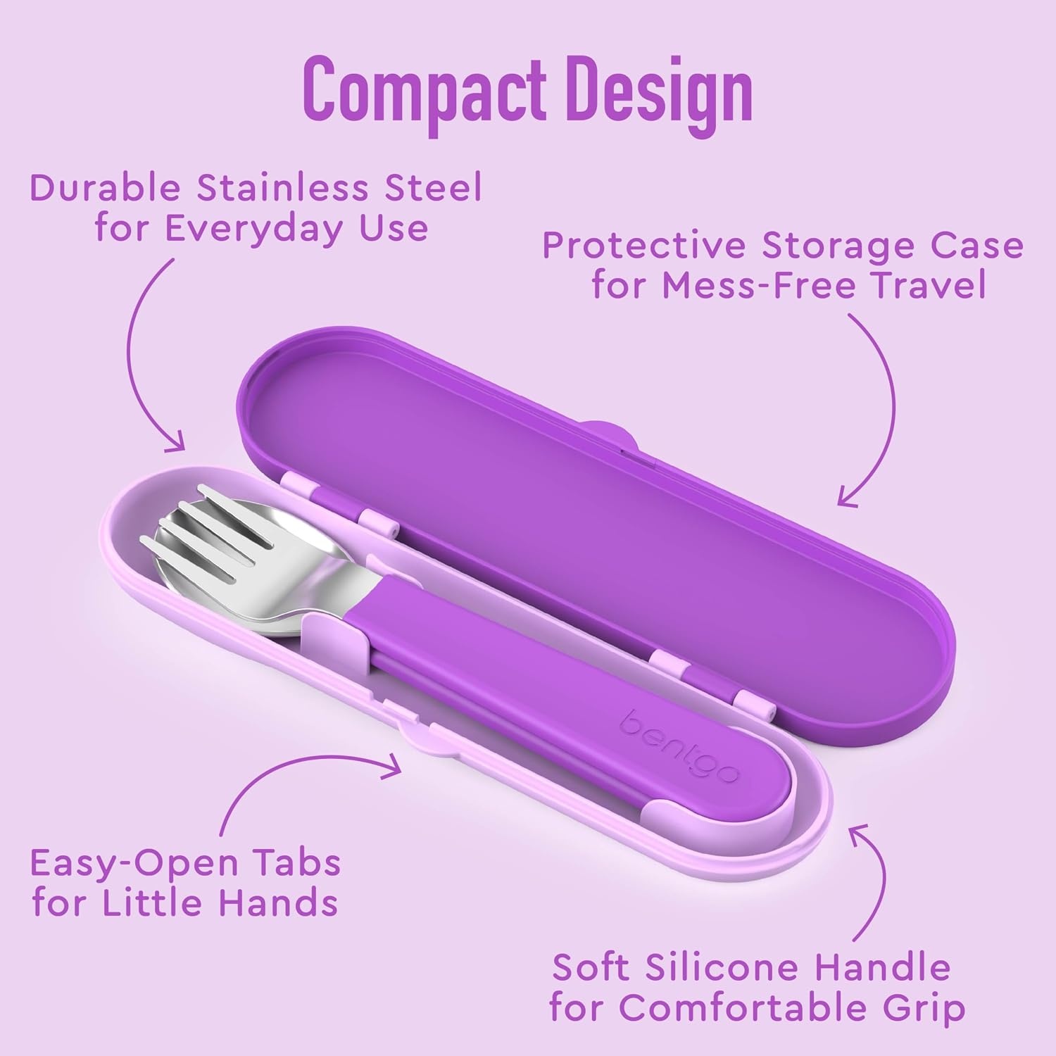image:imageBentgo Kids Stainless Steel Utensil Set Reusable Fork Spoon amp Storage Case PFAS amp BPAFree EasyGrip Handles Lightweight Dishwasher Safe School Lunch Travel amp Outdoors NEW Ballet and BowsPurple