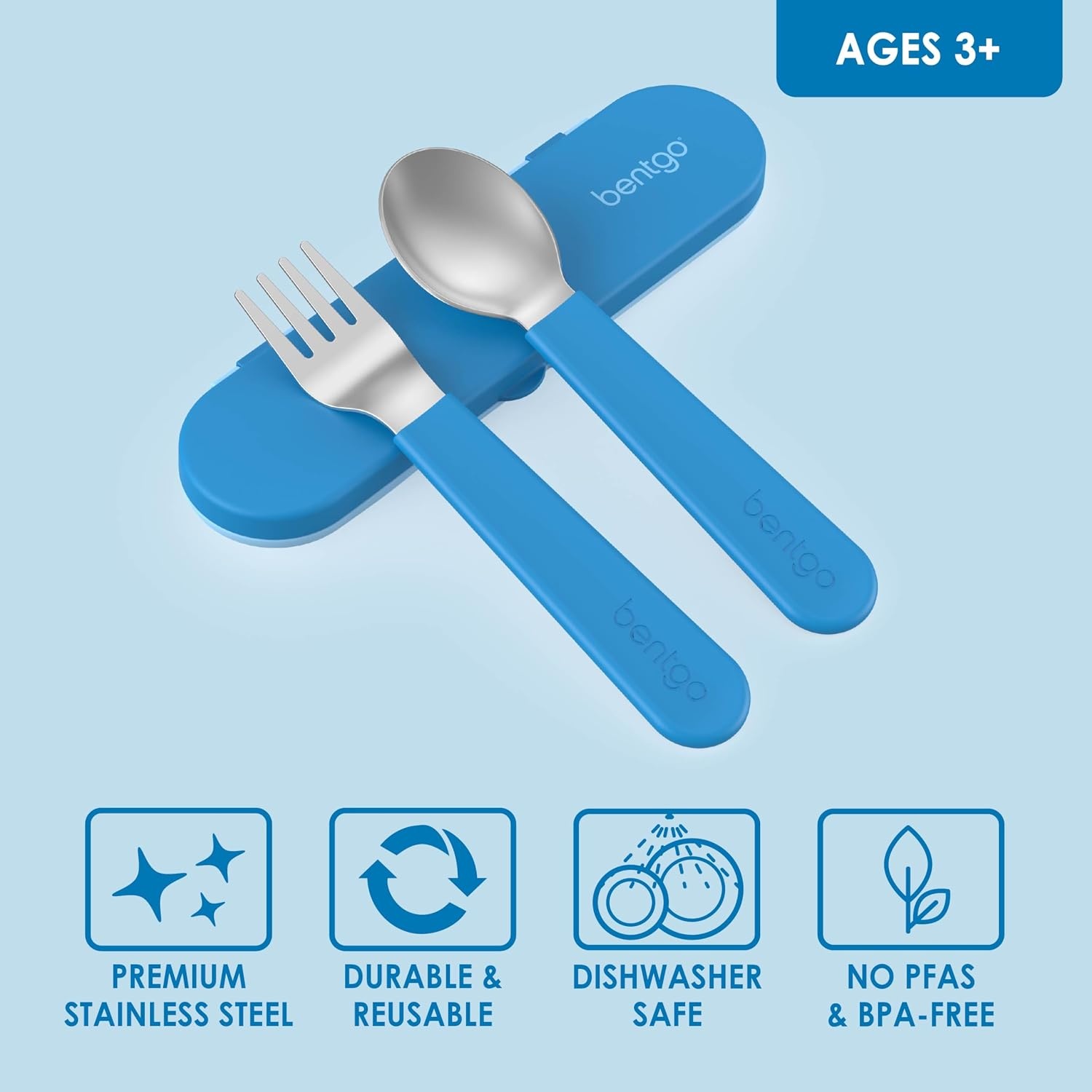 image:imageBentgo Kids Stainless Steel Utensil Set Reusable Fork Spoon amp Storage Case PFAS amp BPAFree EasyGrip Handles Lightweight Dishwasher Safe School Lunch Travel amp Outdoors NEW Ballet and BowsBlue