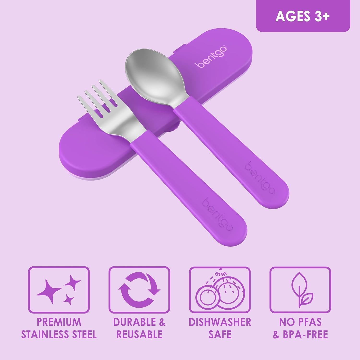 image:imageBentgo Kids Stainless Steel Utensil Set Reusable Fork Spoon amp Storage Case PFAS amp BPAFree EasyGrip Handles Lightweight Dishwasher Safe School Lunch Travel amp Outdoors NEW Ballet and BowsPurple