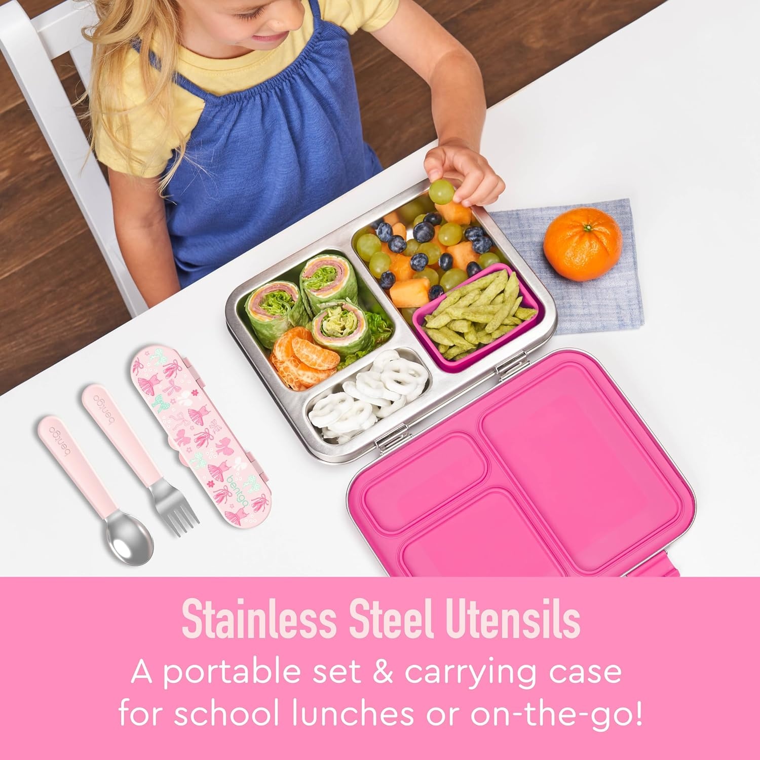 image:imageBentgo Kids Stainless Steel Utensil Set Reusable Fork Spoon amp Storage Case PFAS amp BPAFree EasyGrip Handles Lightweight Dishwasher Safe School Lunch Travel amp Outdoors NEW Ballet and BowsBallet and Bows
