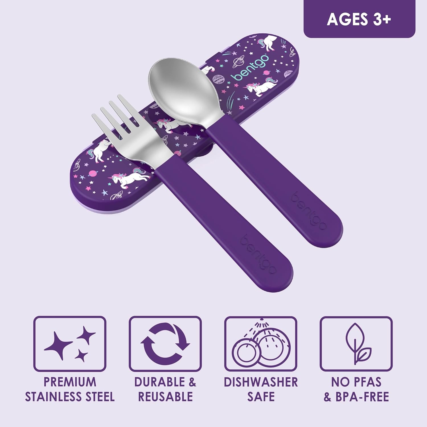 image:imageBentgo Kids Stainless Steel Utensil Set Reusable Fork Spoon amp Storage Case PFAS amp BPAFree EasyGrip Handles Lightweight Dishwasher Safe School Lunch Travel amp Outdoors NEW Ballet and BowsUnicorn