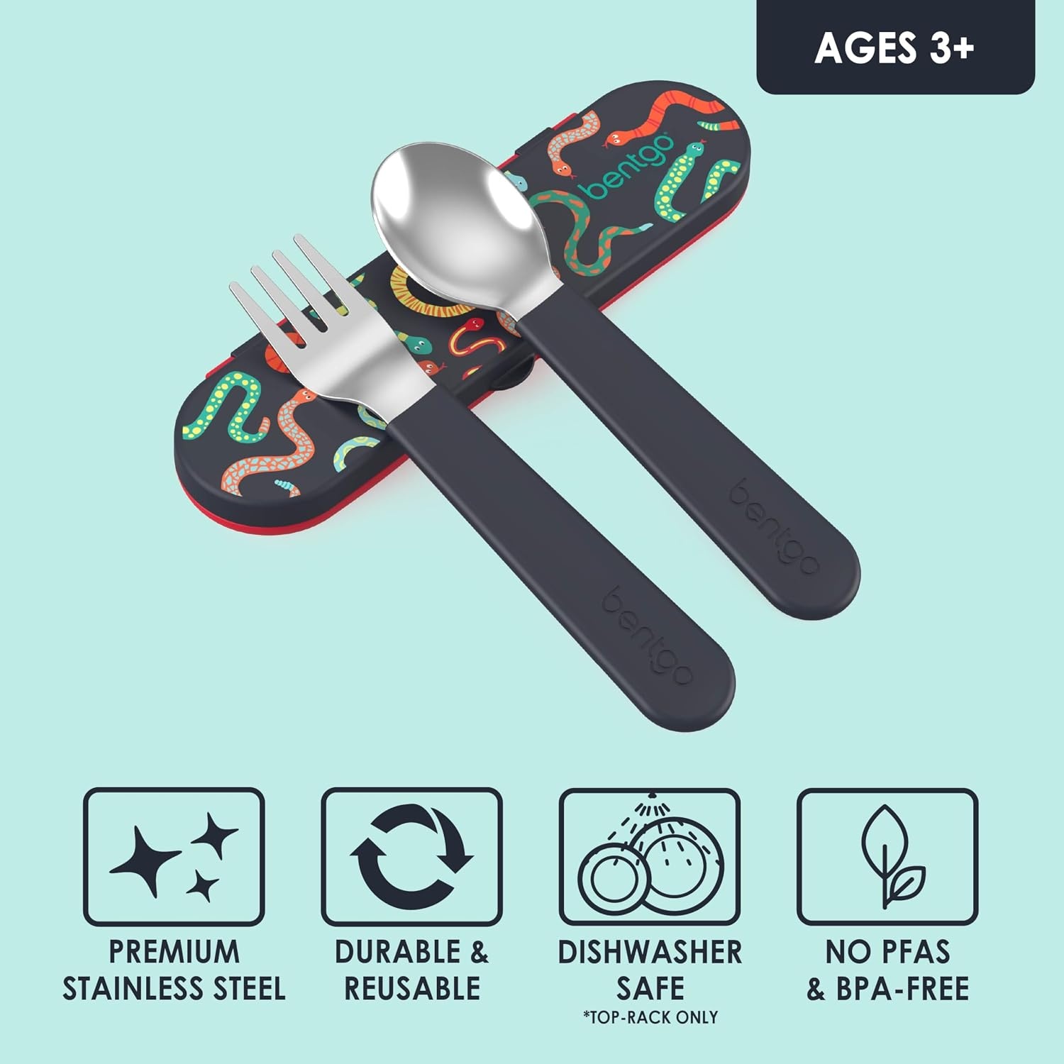 image:imageBentgo Kids Stainless Steel Utensil Set Reusable Fork Spoon amp Storage Case PFAS amp BPAFree EasyGrip Handles Lightweight Dishwasher Safe School Lunch Travel amp Outdoors NEW Ballet and BowsSssnakes