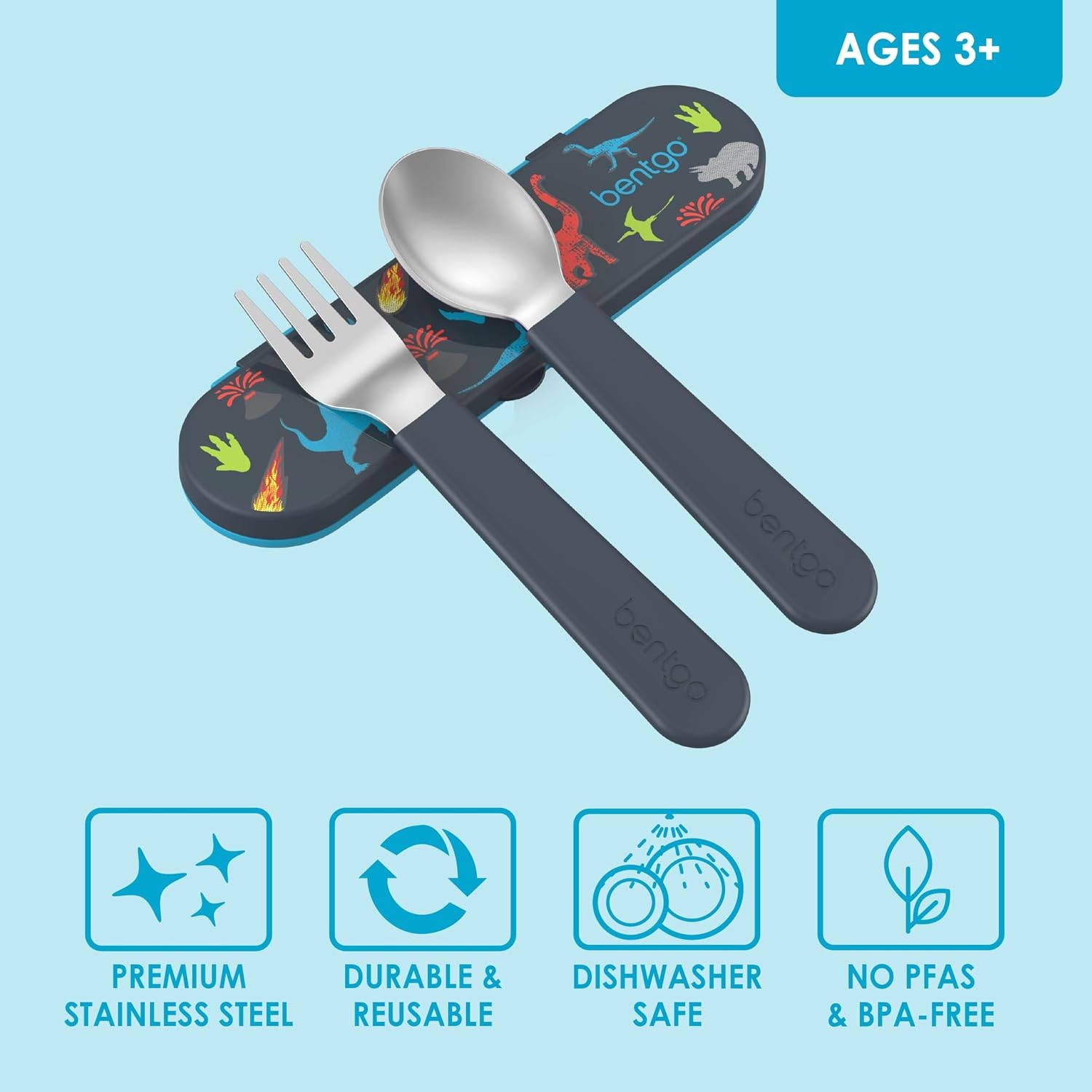 image:imageBentgo Kids Stainless Steel Utensil Set Reusable Fork Spoon amp Storage Case PFAS amp BPAFree EasyGrip Handles Lightweight Dishwasher Safe School Lunch Travel amp Outdoors NEW Ballet and BowsDino