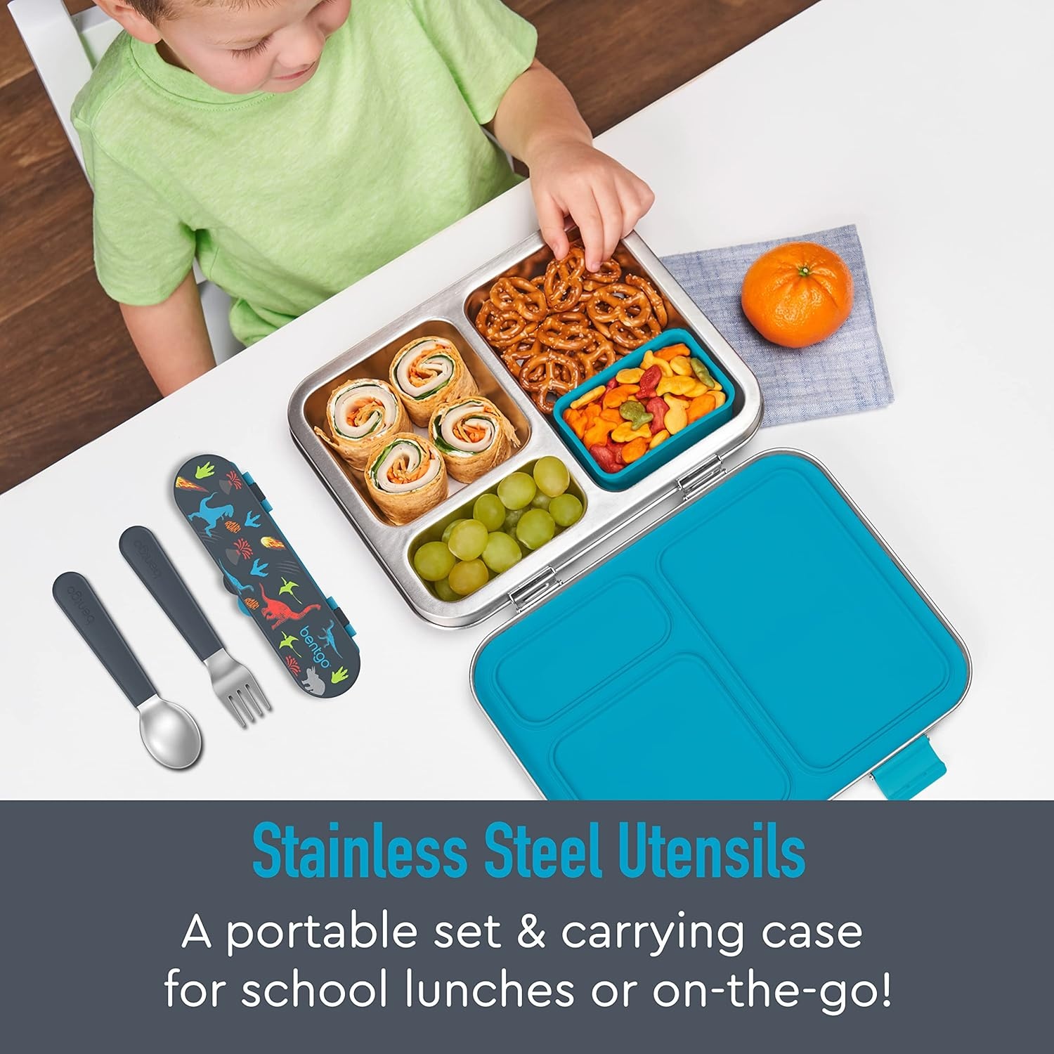 image:imageBentgo Kids Stainless Steel Utensil Set Reusable Fork Spoon amp Storage Case PFAS amp BPAFree EasyGrip Handles Lightweight Dishwasher Safe School Lunch Travel amp Outdoors NEW Ballet and BowsDino