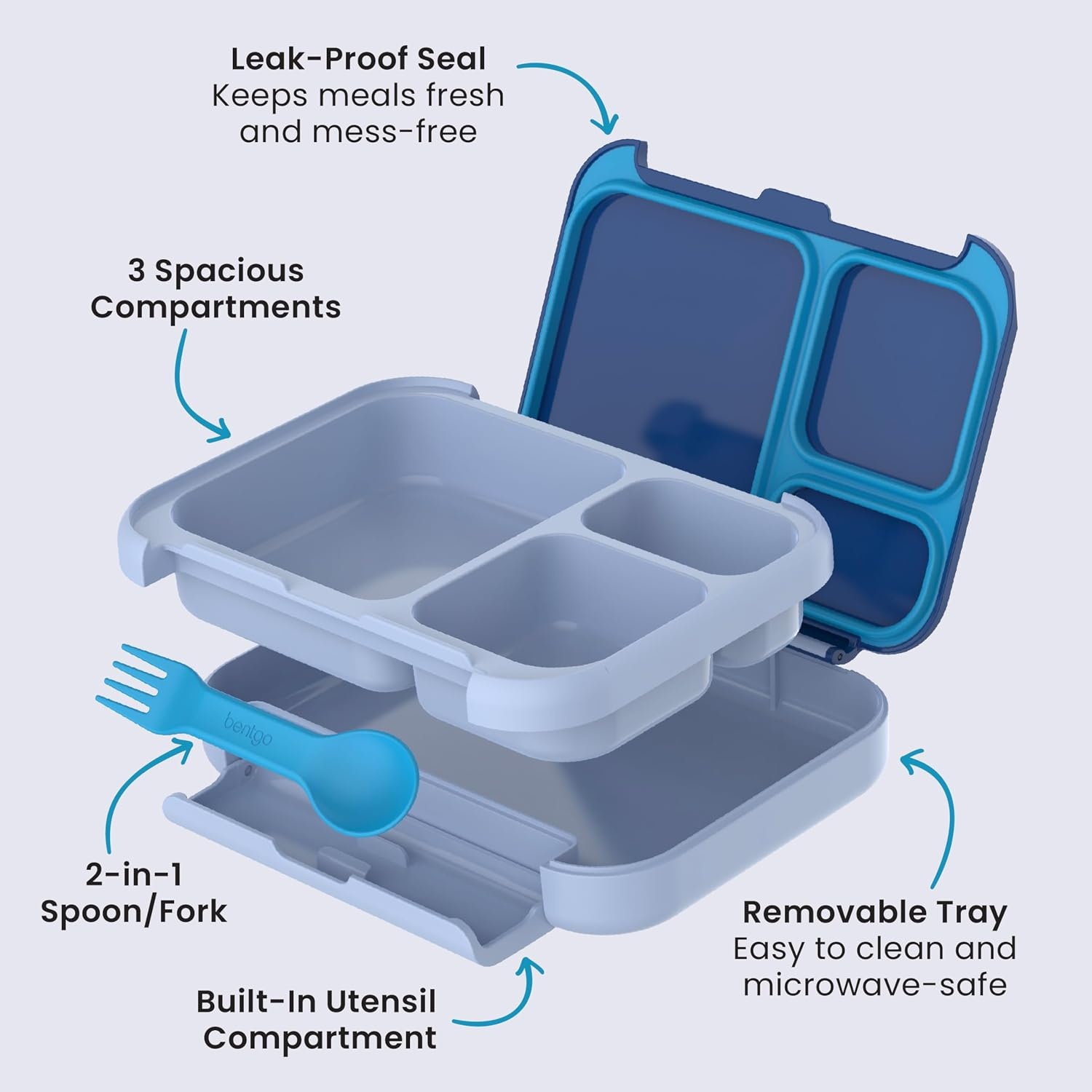 image:imageBentgo Kids Stow amp Go LeakProof Lunch Box with BuiltIn Utensil 35Cup Capacity Removable Tray PortionPerfect Compartments for Kids and Teens 2in1 Spoon amp Fork Gray LeafNavy