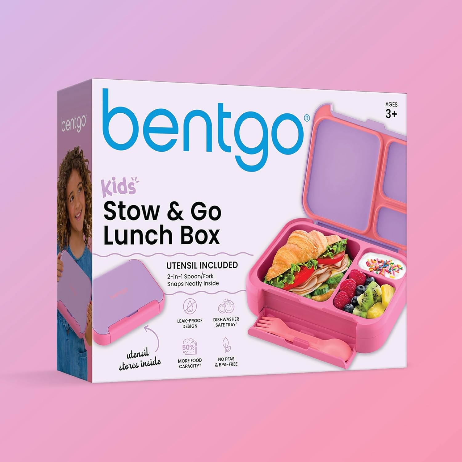 image:imageBentgo Kids Stow amp Go LeakProof Lunch Box with BuiltIn Utensil 35Cup Capacity Removable Tray PortionPerfect Compartments for Kids and Teens 2in1 Spoon amp Fork Gray LeafLilac