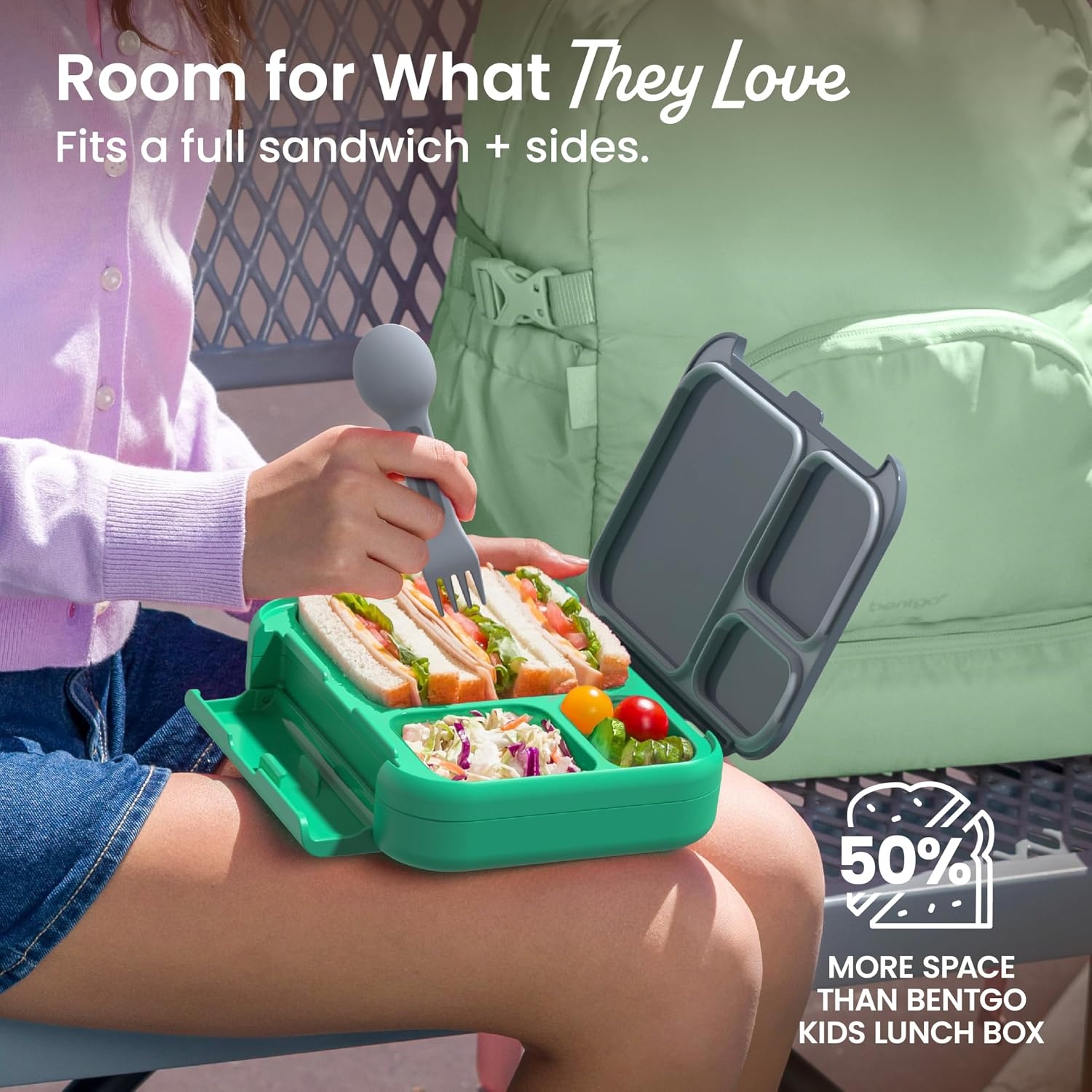 image:imageBentgo Kids Stow amp Go LeakProof Lunch Box with BuiltIn Utensil 35Cup Capacity Removable Tray PortionPerfect Compartments for Kids and Teens 2in1 Spoon amp Fork Gray LeafGray Leaf