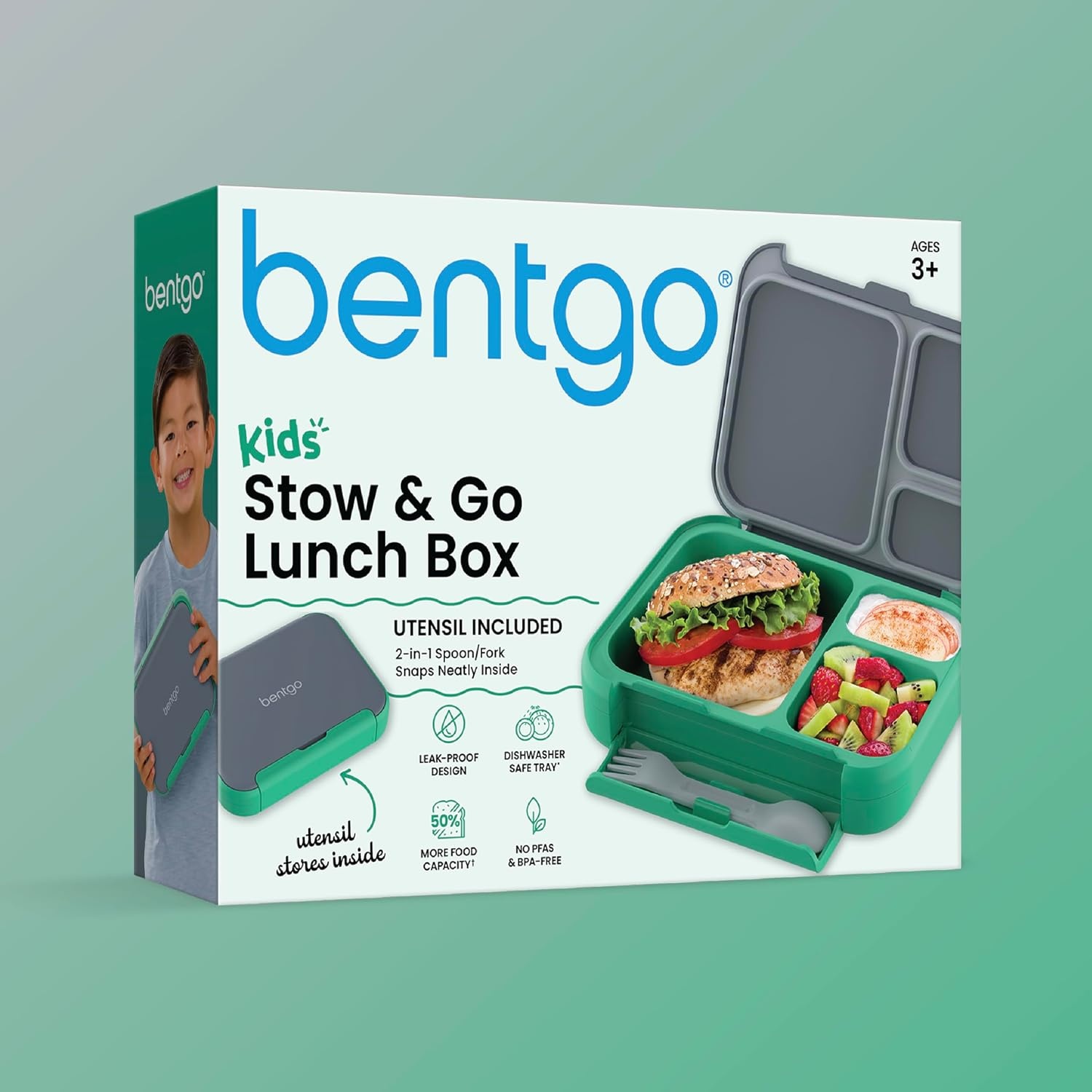image:imageBentgo Kids Stow amp Go LeakProof Lunch Box with BuiltIn Utensil 35Cup Capacity Removable Tray PortionPerfect Compartments for Kids and Teens 2in1 Spoon amp Fork Gray LeafGray Leaf