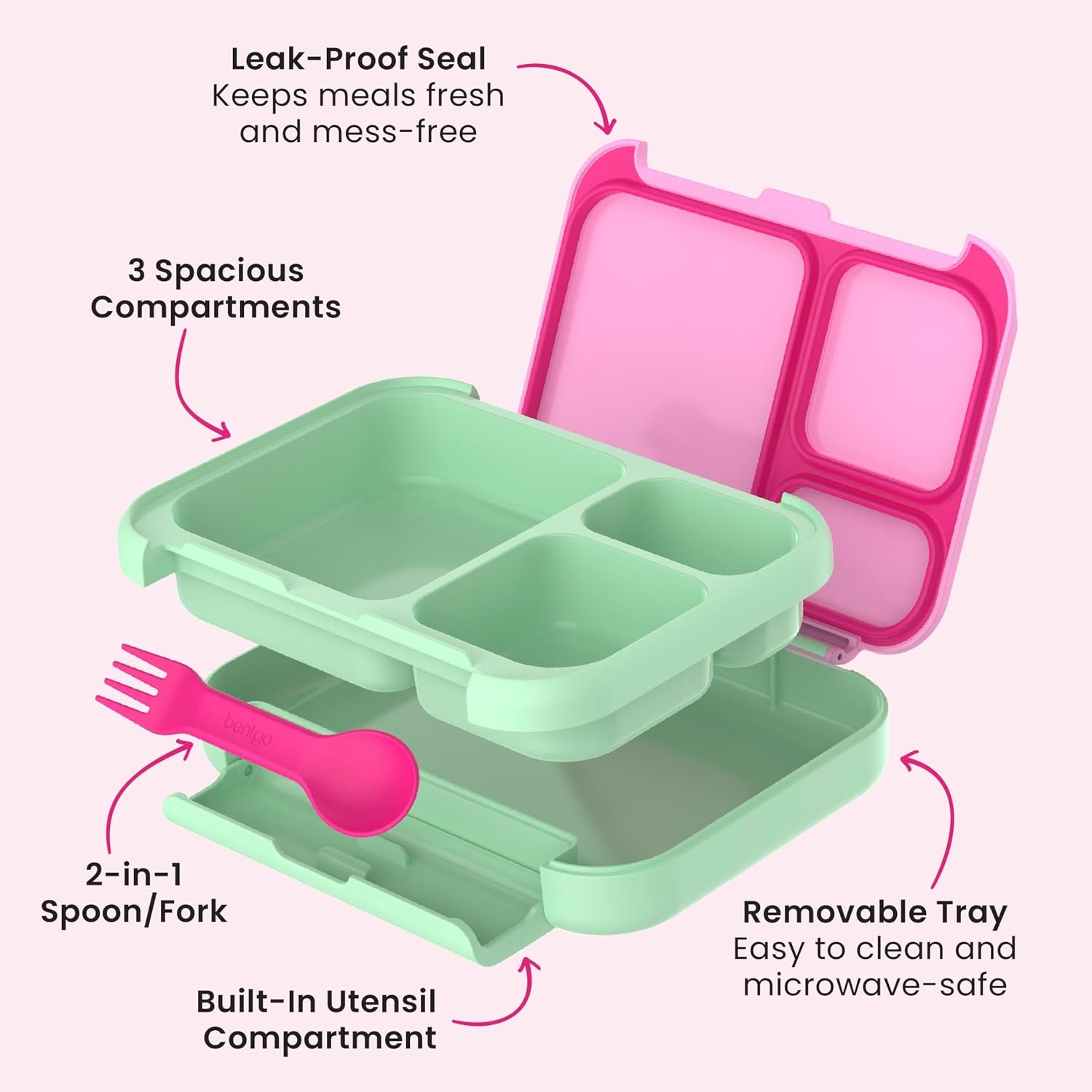 image:imageBentgo Kids Stow amp Go LeakProof Lunch Box with BuiltIn Utensil 35Cup Capacity Removable Tray PortionPerfect Compartments for Kids and Teens 2in1 Spoon amp Fork Gray LeafStrawberry