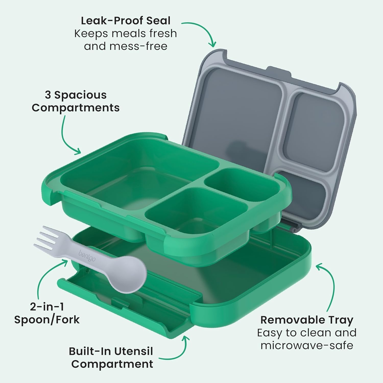 image:imageBentgo Kids Stow amp Go LeakProof Lunch Box with BuiltIn Utensil 35Cup Capacity Removable Tray PortionPerfect Compartments for Kids and Teens 2in1 Spoon amp Fork Gray LeafGray Leaf