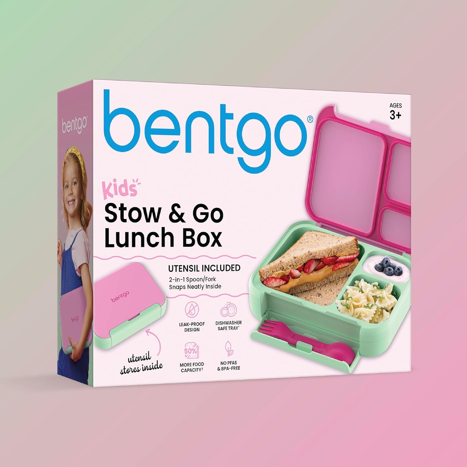 image:imageBentgo Kids Stow amp Go LeakProof Lunch Box with BuiltIn Utensil 35Cup Capacity Removable Tray PortionPerfect Compartments for Kids and Teens 2in1 Spoon amp Fork Gray LeafStrawberry