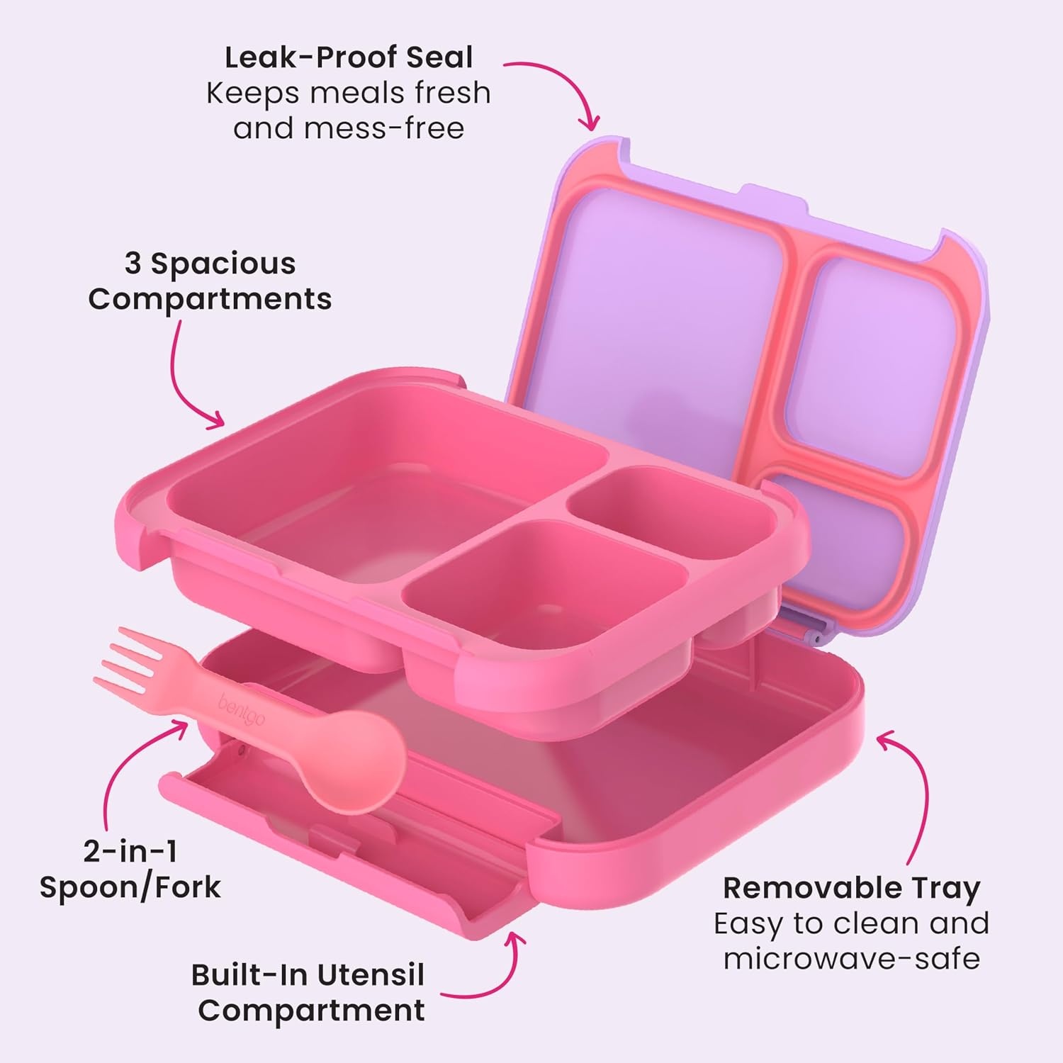 image:imageBentgo Kids Stow amp Go LeakProof Lunch Box with BuiltIn Utensil 35Cup Capacity Removable Tray PortionPerfect Compartments for Kids and Teens 2in1 Spoon amp Fork Gray LeafLilac