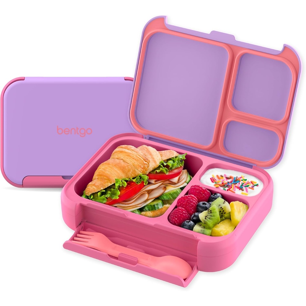 image:imageBentgo Kids Stow amp Go LeakProof Lunch Box with BuiltIn Utensil 35Cup Capacity Removable Tray PortionPerfect Compartments for Kids and Teens 2in1 Spoon amp Fork Gray LeafLilac