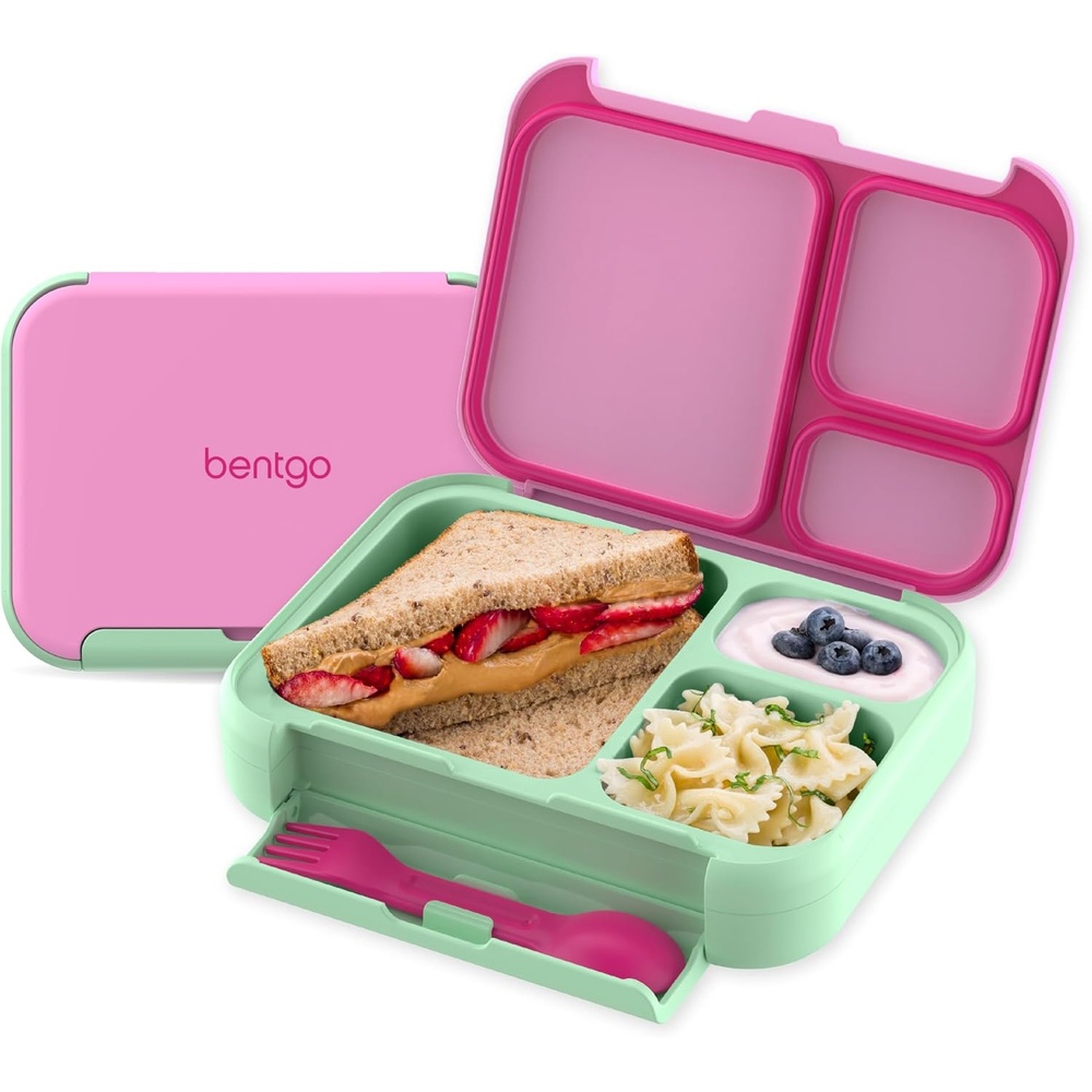 image:imageBentgo Kids Stow amp Go LeakProof Lunch Box with BuiltIn Utensil 35Cup Capacity Removable Tray PortionPerfect Compartments for Kids and Teens 2in1 Spoon amp Fork Gray LeafStrawberry