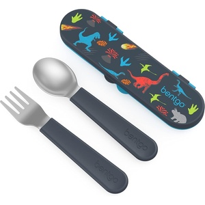 Bentgo Kids Stainless Steel Utensil Set – Reusable Fork, Spoon & Storage Case, PFAS- & BPA-Free, Easy-Grip Handles, Lightweight, Dishwasher Safe, School Lunch, Travel & Outdoors (NEW Ballet and Bows)(Dino)