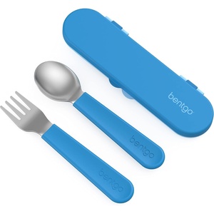 Bentgo Kids Stainless Steel Utensil Set – Reusable Fork, Spoon & Storage Case, PFAS- & BPA-Free, Easy-Grip Handles, Lightweight, Dishwasher Safe, School Lunch, Travel & Outdoors (NEW Ballet and Bows)(Blue)