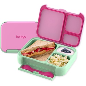 Bentgo Kids Stow & Go Leak-Proof Lunch Box with Built-In Utensil | 3.5-Cup Capacity, Removable Tray, Portion-Perfect Compartments for Kids and Teens, 2-in-1 Spoon & Fork (Gray Leaf)(Strawberry)