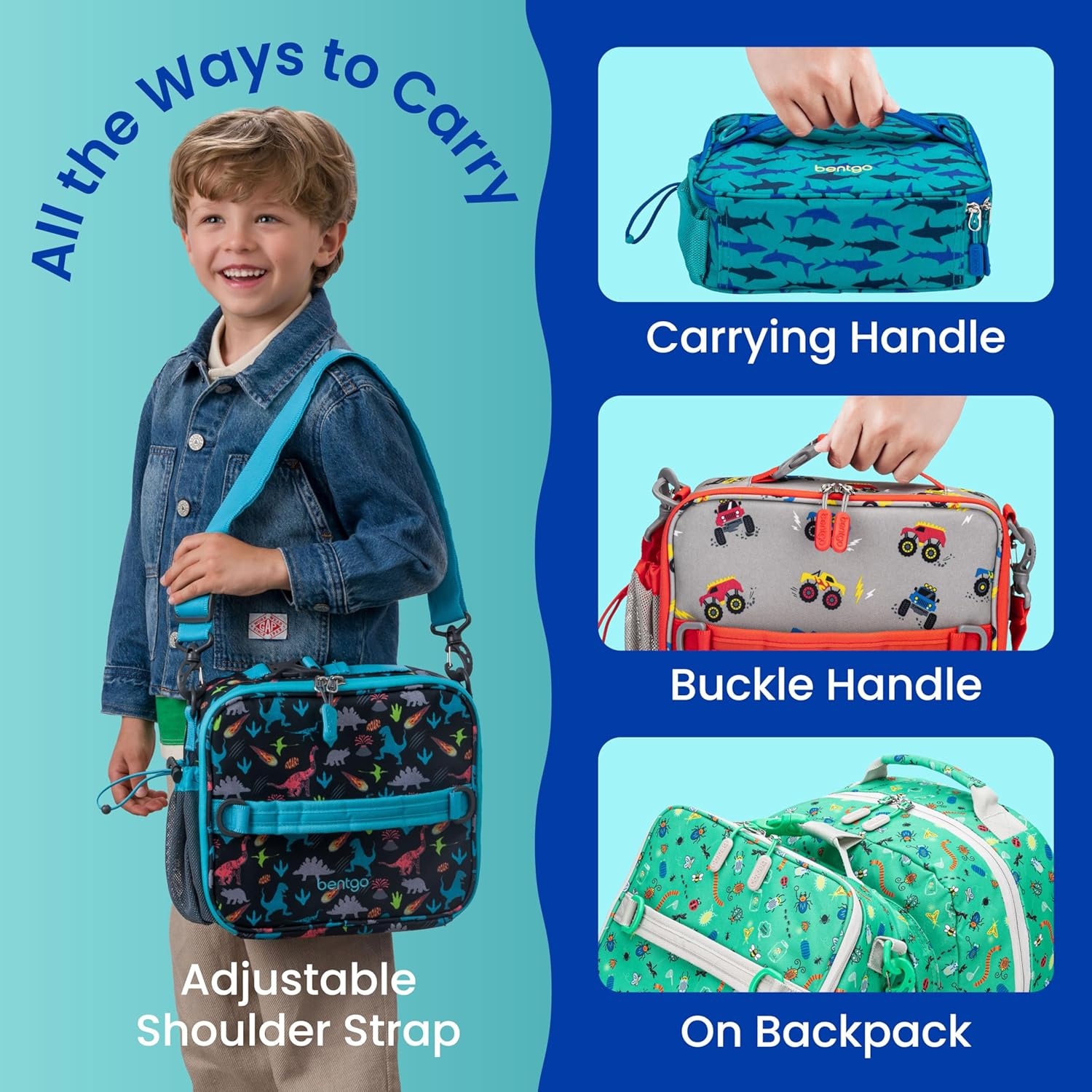 image:imageBentgo Kids Prints DoubleInsulated Reusable Lunch Bag For Kids 3 Adjustable Strap Holds Lunch BoxWater BottleSnacks EasyClean WaterResistant Pockets NEW Ballet amp BowsSharks