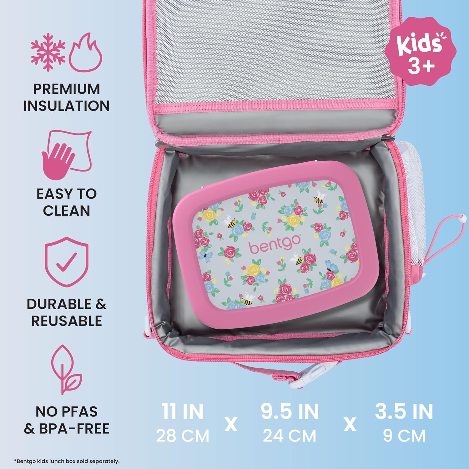 image:imageBentgo Kids Prints DoubleInsulated Reusable Lunch Bag For Kids 3 Adjustable Strap Holds Lunch BoxWater BottleSnacks EasyClean WaterResistant Pockets NEW Ballet amp BowsBlooming Floral