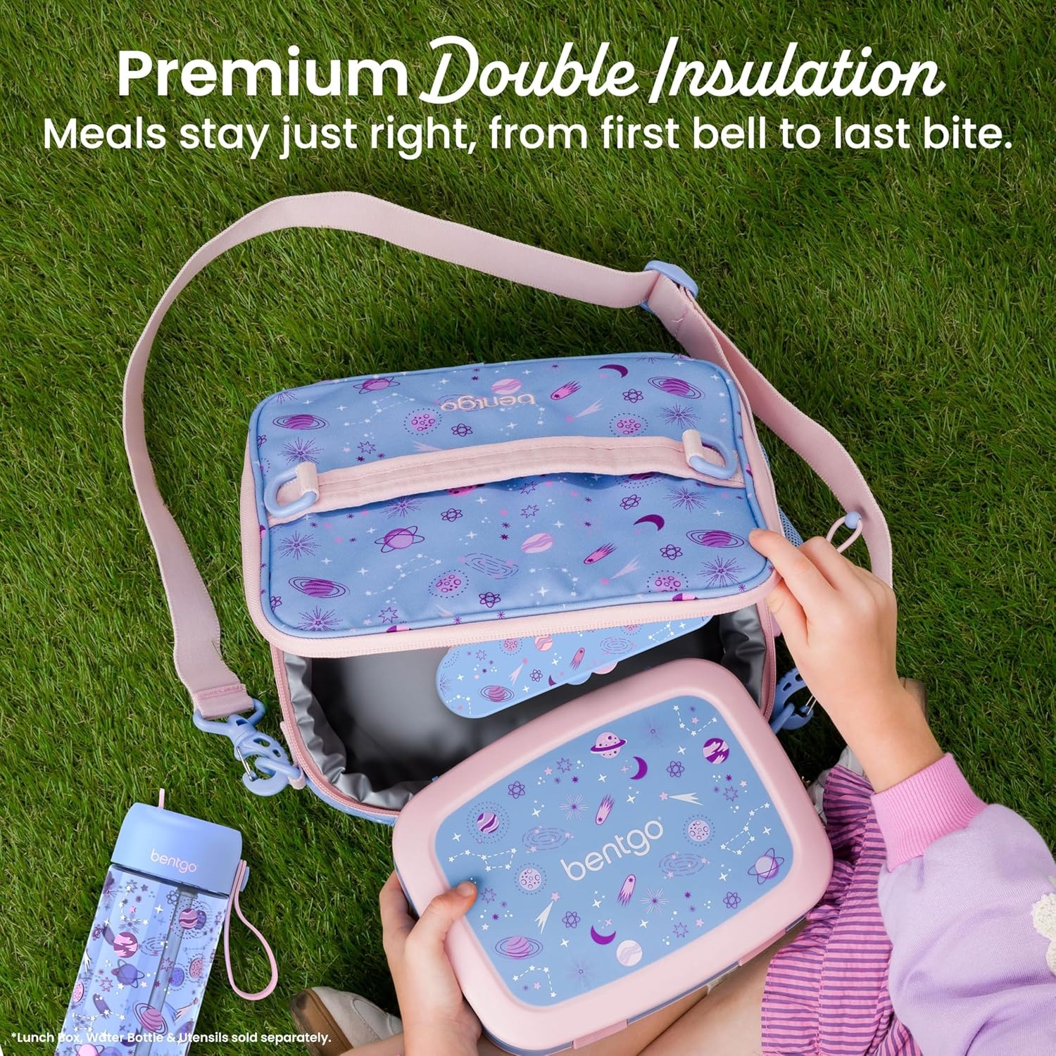 image:imageBentgo Kids Prints DoubleInsulated Reusable Lunch Bag For Kids 3 Adjustable Strap Holds Lunch BoxWater BottleSnacks EasyClean WaterResistant Pockets NEW Ballet amp BowsLavender Galaxy