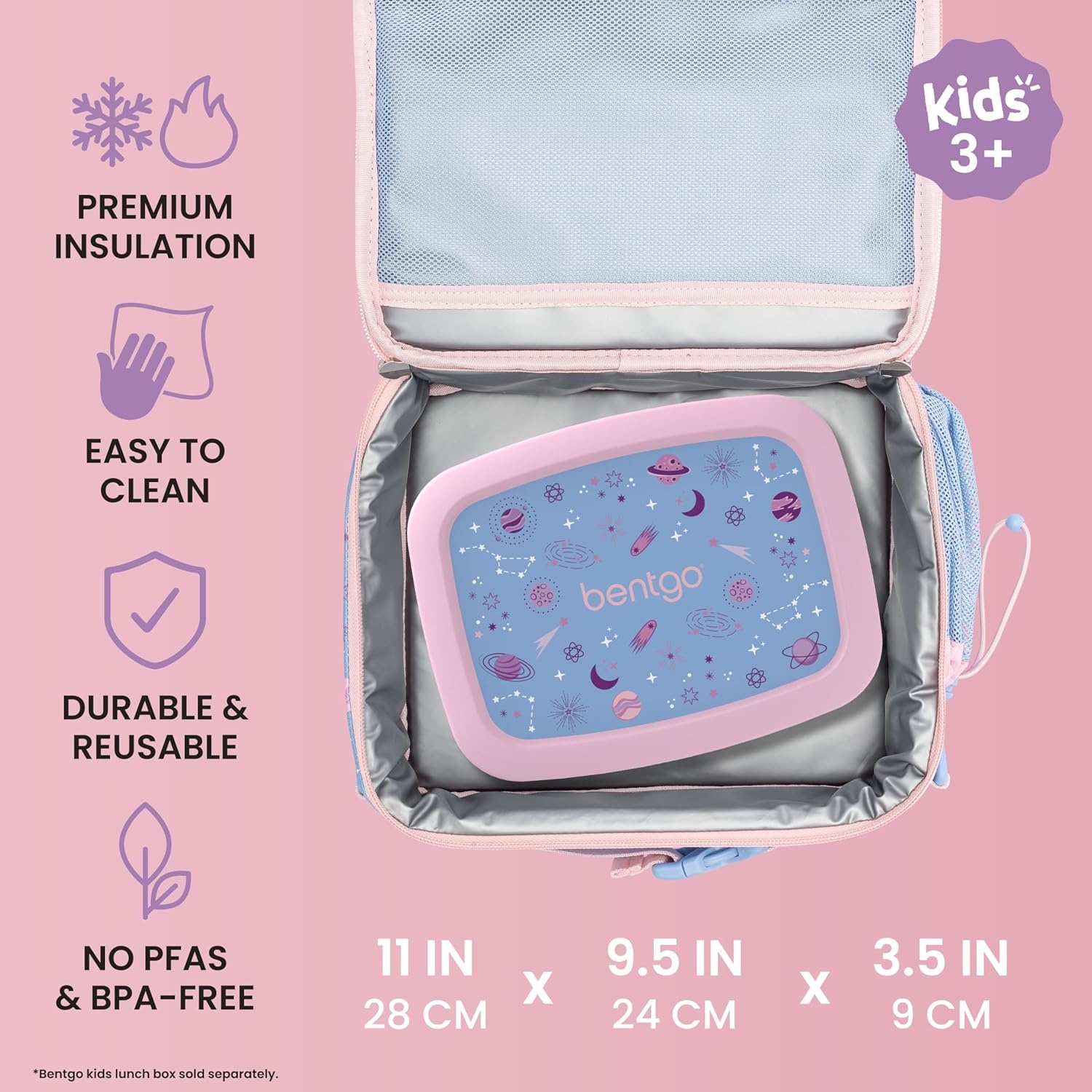image:imageBentgo Kids Prints DoubleInsulated Reusable Lunch Bag For Kids 3 Adjustable Strap Holds Lunch BoxWater BottleSnacks EasyClean WaterResistant Pockets NEW Ballet amp BowsLavender Galaxy
