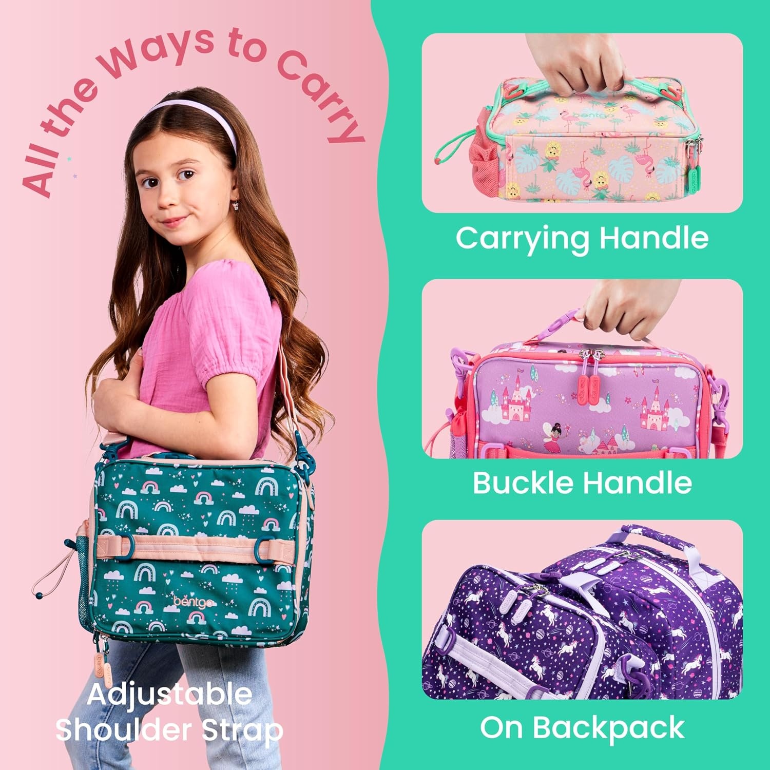 image:imageBentgo Kids Prints DoubleInsulated Reusable Lunch Bag For Kids 3 Adjustable Strap Holds Lunch BoxWater BottleSnacks EasyClean WaterResistant Pockets NEW Ballet amp BowsTropical