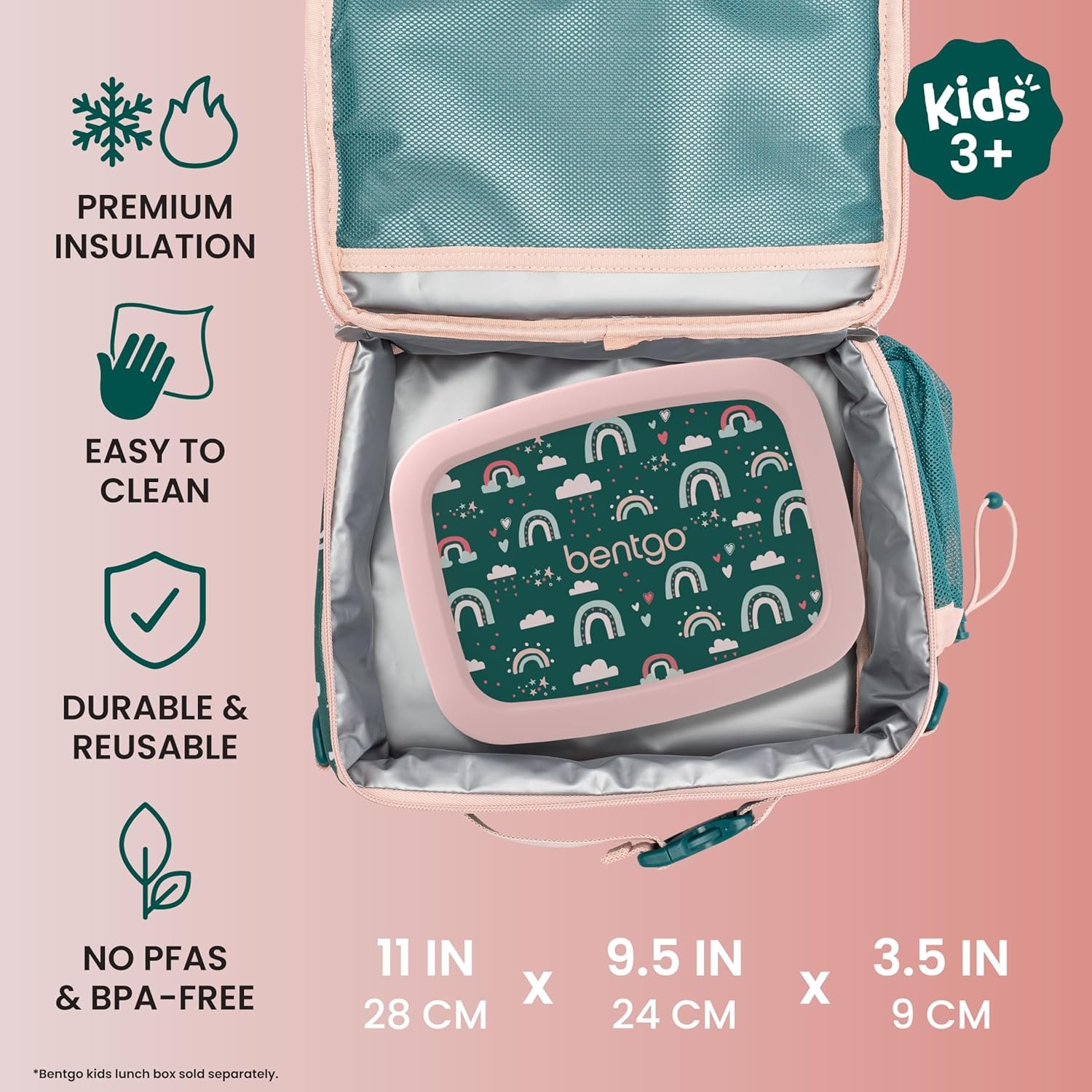 image:imageBentgo Kids Prints DoubleInsulated Reusable Lunch Bag For Kids 3 Adjustable Strap Holds Lunch BoxWater BottleSnacks EasyClean WaterResistant Pockets NEW Ballet amp BowsGreen Rainbow