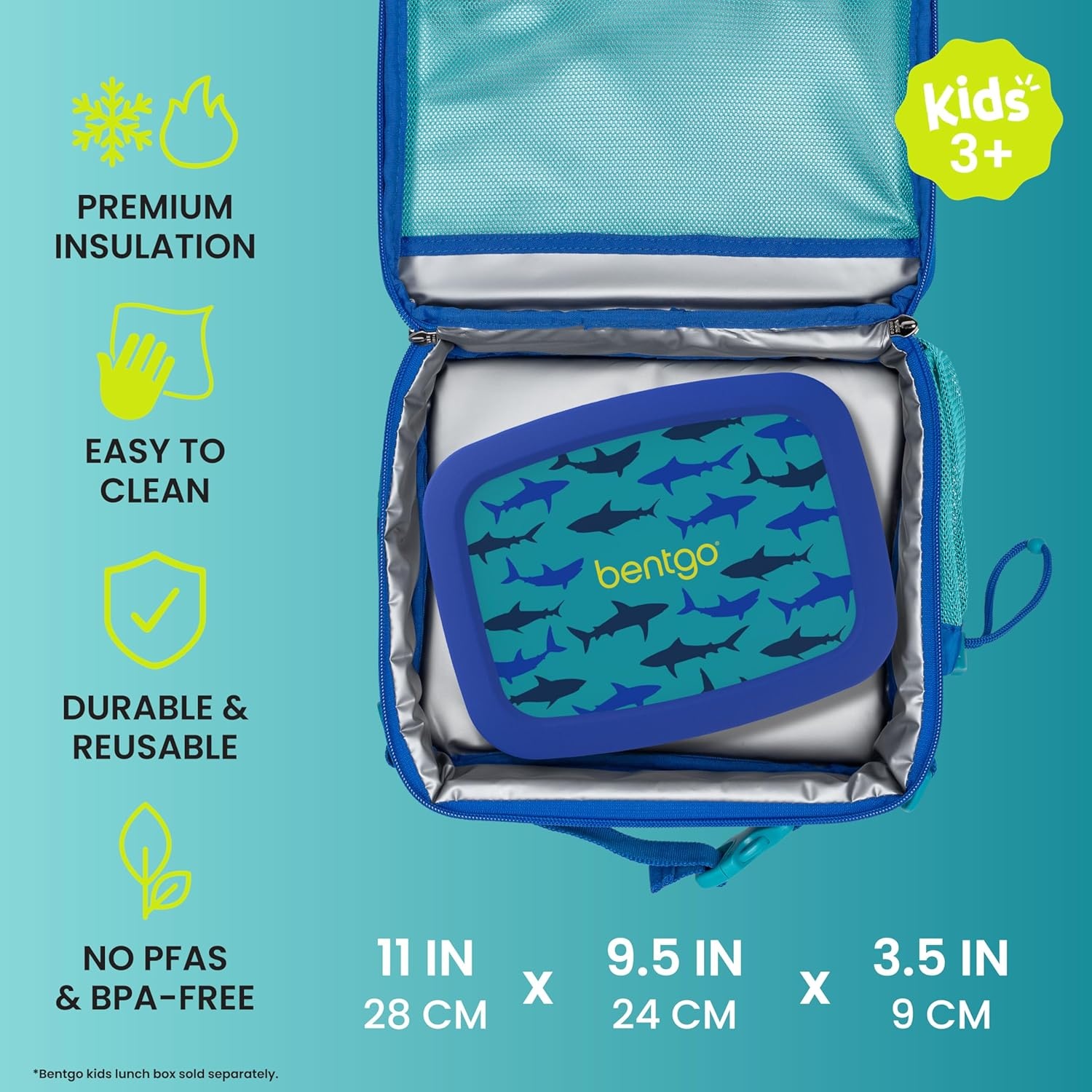 image:imageBentgo Kids Prints DoubleInsulated Reusable Lunch Bag For Kids 3 Adjustable Strap Holds Lunch BoxWater BottleSnacks EasyClean WaterResistant Pockets NEW Ballet amp BowsSharks