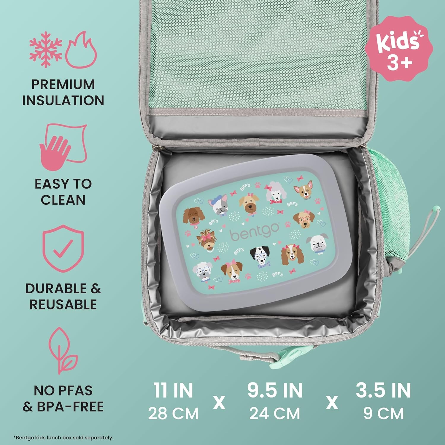 image:imageBentgo Kids Prints DoubleInsulated Reusable Lunch Bag For Kids 3 Adjustable Strap Holds Lunch BoxWater BottleSnacks EasyClean WaterResistant Pockets NEW Ballet amp BowsPuppy Love