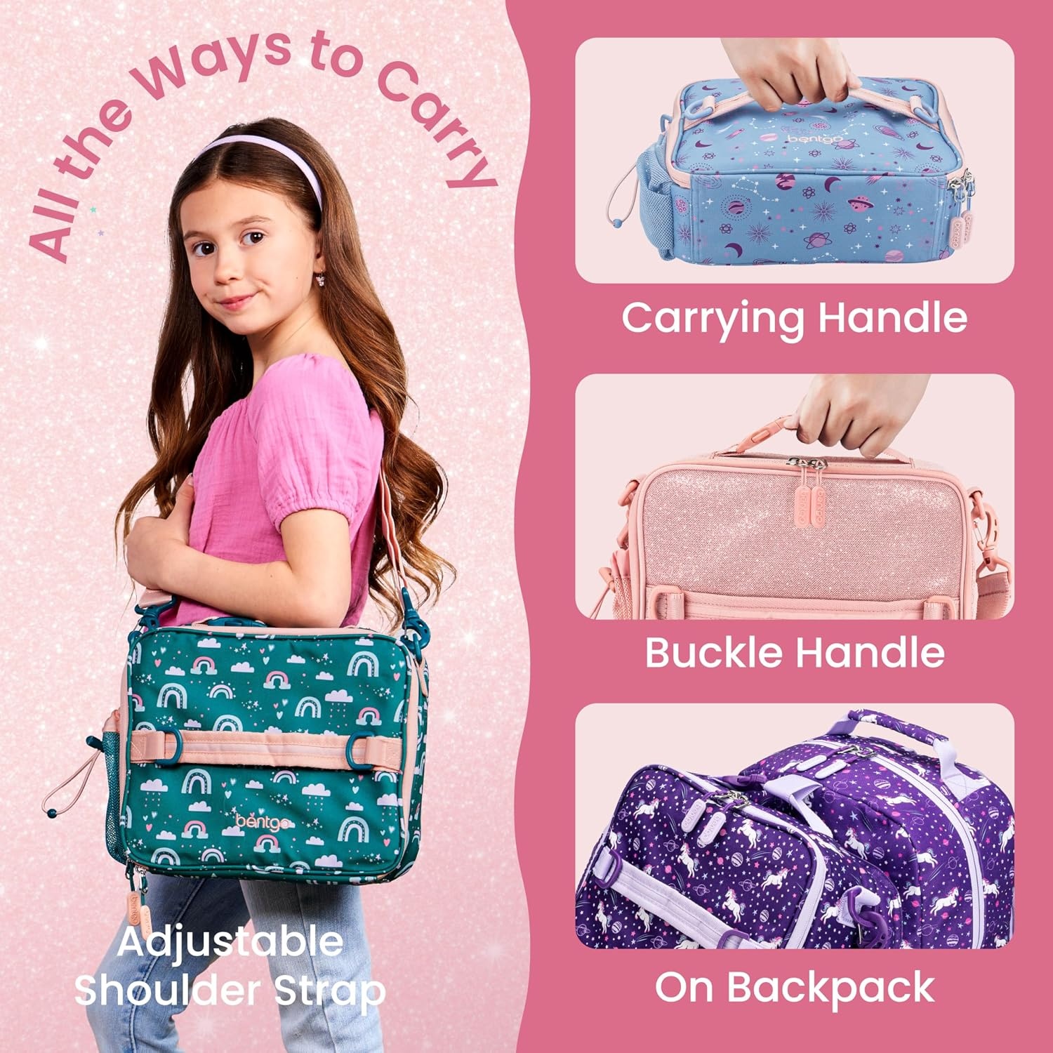 image:imageBentgo Kids Prints DoubleInsulated Reusable Lunch Bag For Kids 3 Adjustable Strap Holds Lunch BoxWater BottleSnacks EasyClean WaterResistant Pockets NEW Ballet amp BowsGlitter Edition Petal Pink