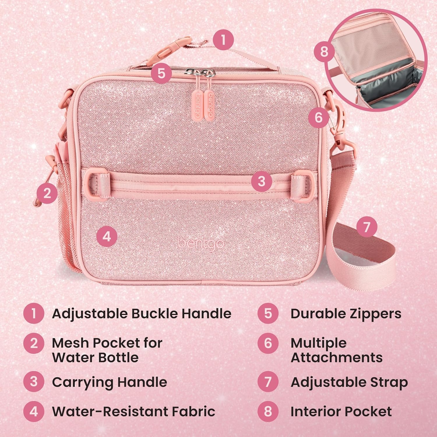 image:imageBentgo Kids Prints DoubleInsulated Reusable Lunch Bag For Kids 3 Adjustable Strap Holds Lunch BoxWater BottleSnacks EasyClean WaterResistant Pockets NEW Ballet amp BowsGlitter Edition Petal Pink