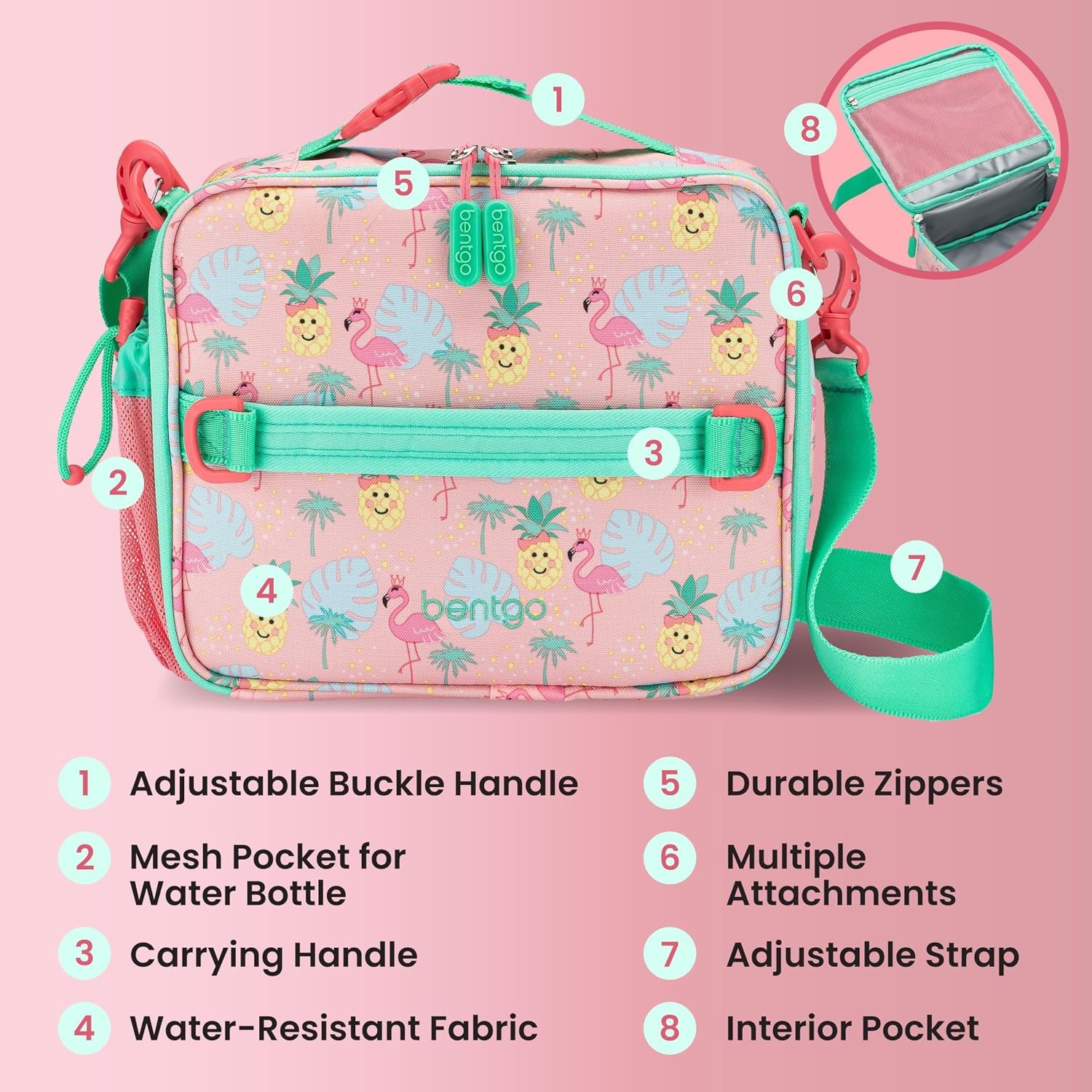 image:imageBentgo Kids Prints DoubleInsulated Reusable Lunch Bag For Kids 3 Adjustable Strap Holds Lunch BoxWater BottleSnacks EasyClean WaterResistant Pockets NEW Ballet amp BowsTropical