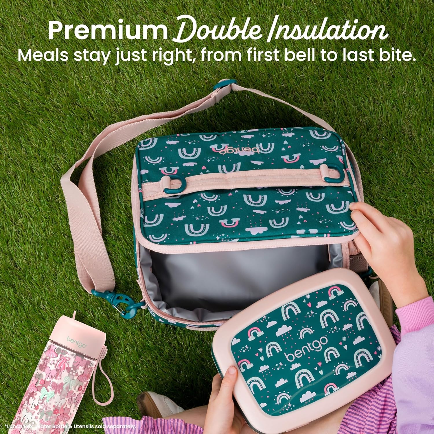 image:imageBentgo Kids Prints DoubleInsulated Reusable Lunch Bag For Kids 3 Adjustable Strap Holds Lunch BoxWater BottleSnacks EasyClean WaterResistant Pockets NEW Ballet amp BowsGreen Rainbow