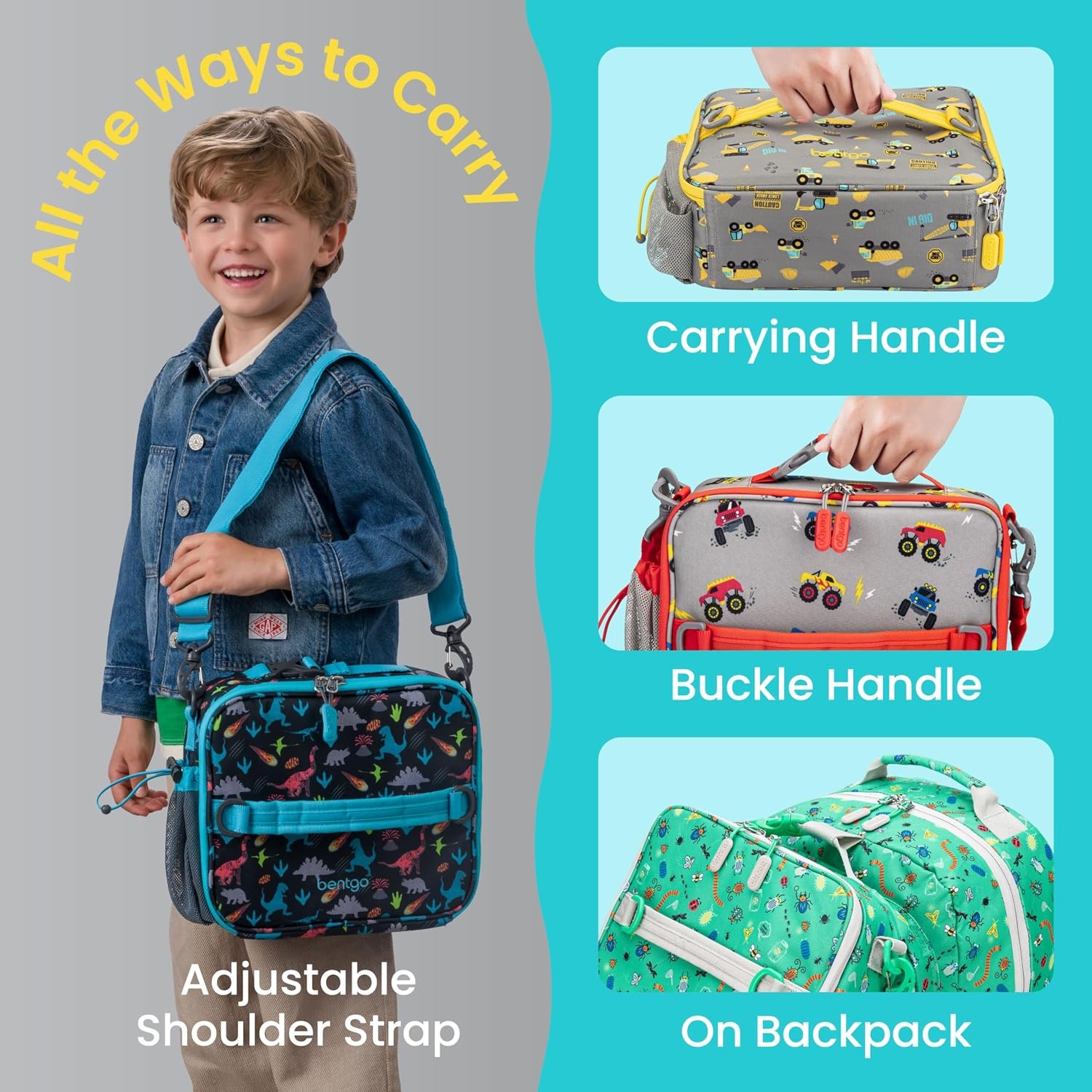 image:imageBentgo Kids Prints DoubleInsulated Reusable Lunch Bag For Kids 3 Adjustable Strap Holds Lunch BoxWater BottleSnacks EasyClean WaterResistant Pockets NEW Ballet amp BowsConstruction Trucks