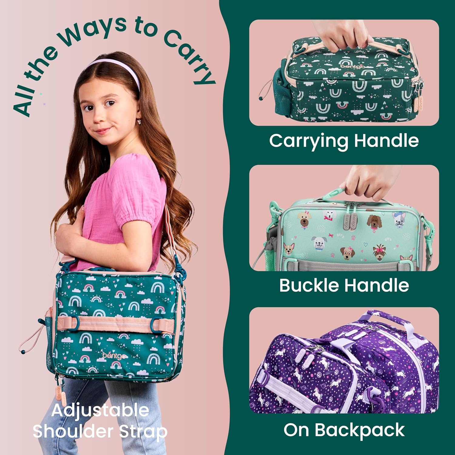 image:imageBentgo Kids Prints DoubleInsulated Reusable Lunch Bag For Kids 3 Adjustable Strap Holds Lunch BoxWater BottleSnacks EasyClean WaterResistant Pockets NEW Ballet amp BowsGreen Rainbow