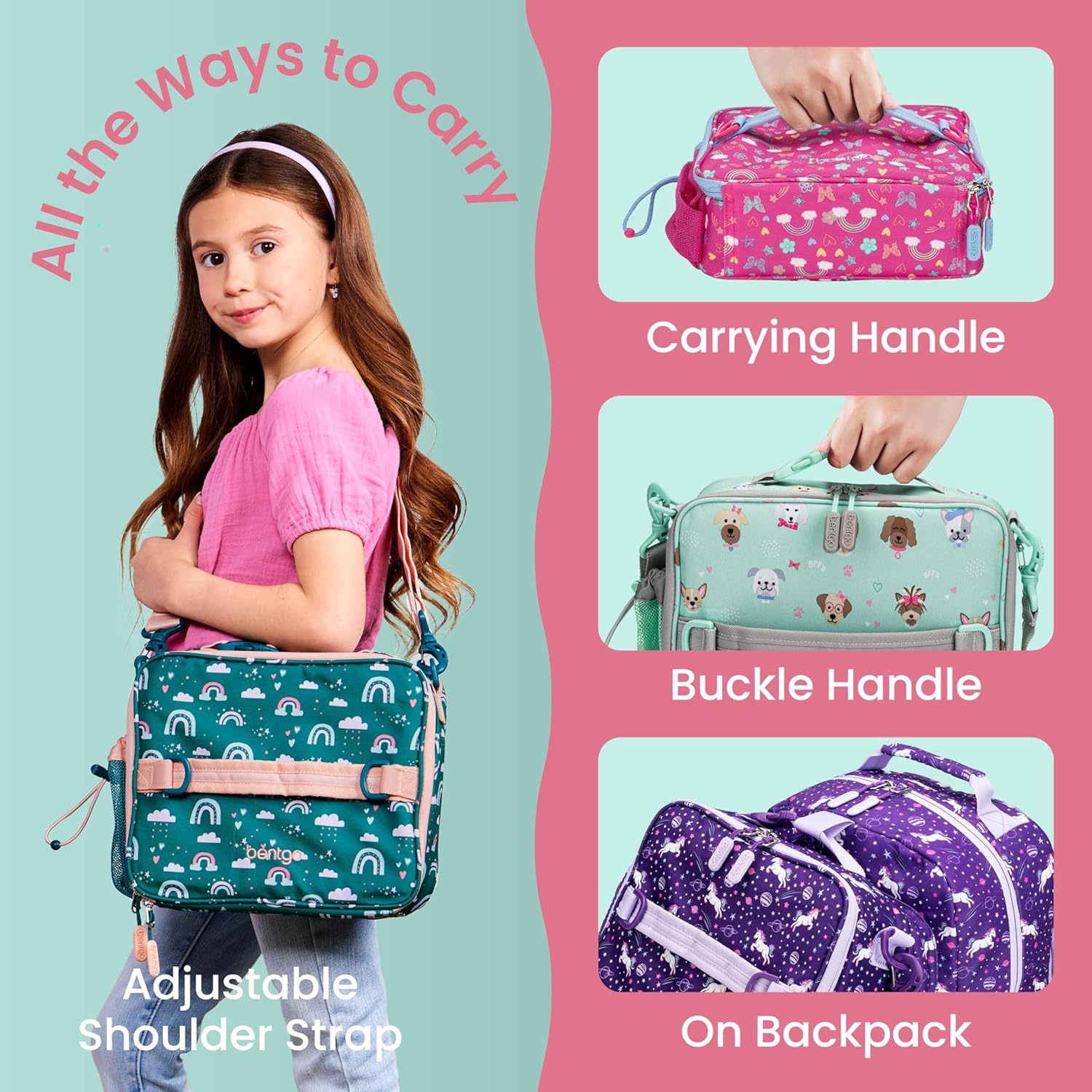 image:imageBentgo Kids Prints DoubleInsulated Reusable Lunch Bag For Kids 3 Adjustable Strap Holds Lunch BoxWater BottleSnacks EasyClean WaterResistant Pockets NEW Ballet amp BowsPuppy Love