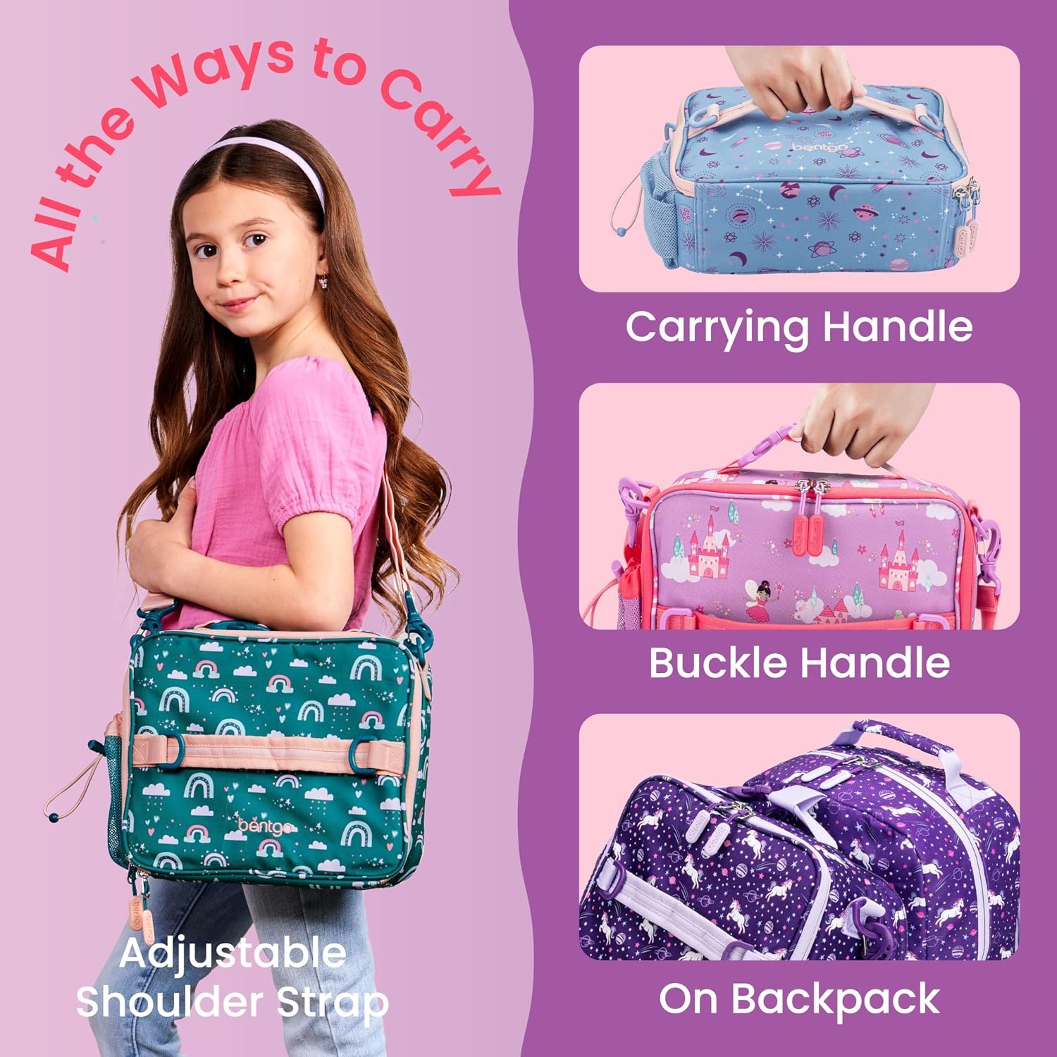 image:imageBentgo Kids Prints DoubleInsulated Reusable Lunch Bag For Kids 3 Adjustable Strap Holds Lunch BoxWater BottleSnacks EasyClean WaterResistant Pockets NEW Ballet amp BowsFairies
