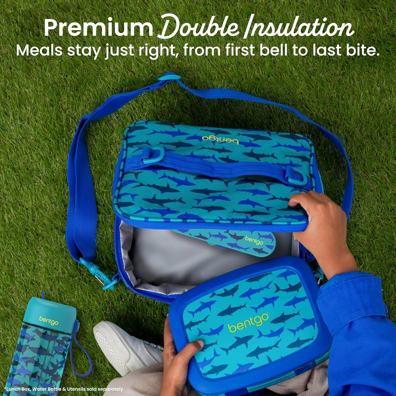 image:imageBentgo Kids Prints DoubleInsulated Reusable Lunch Bag For Kids 3 Adjustable Strap Holds Lunch BoxWater BottleSnacks EasyClean WaterResistant Pockets NEW Ballet amp BowsSharks