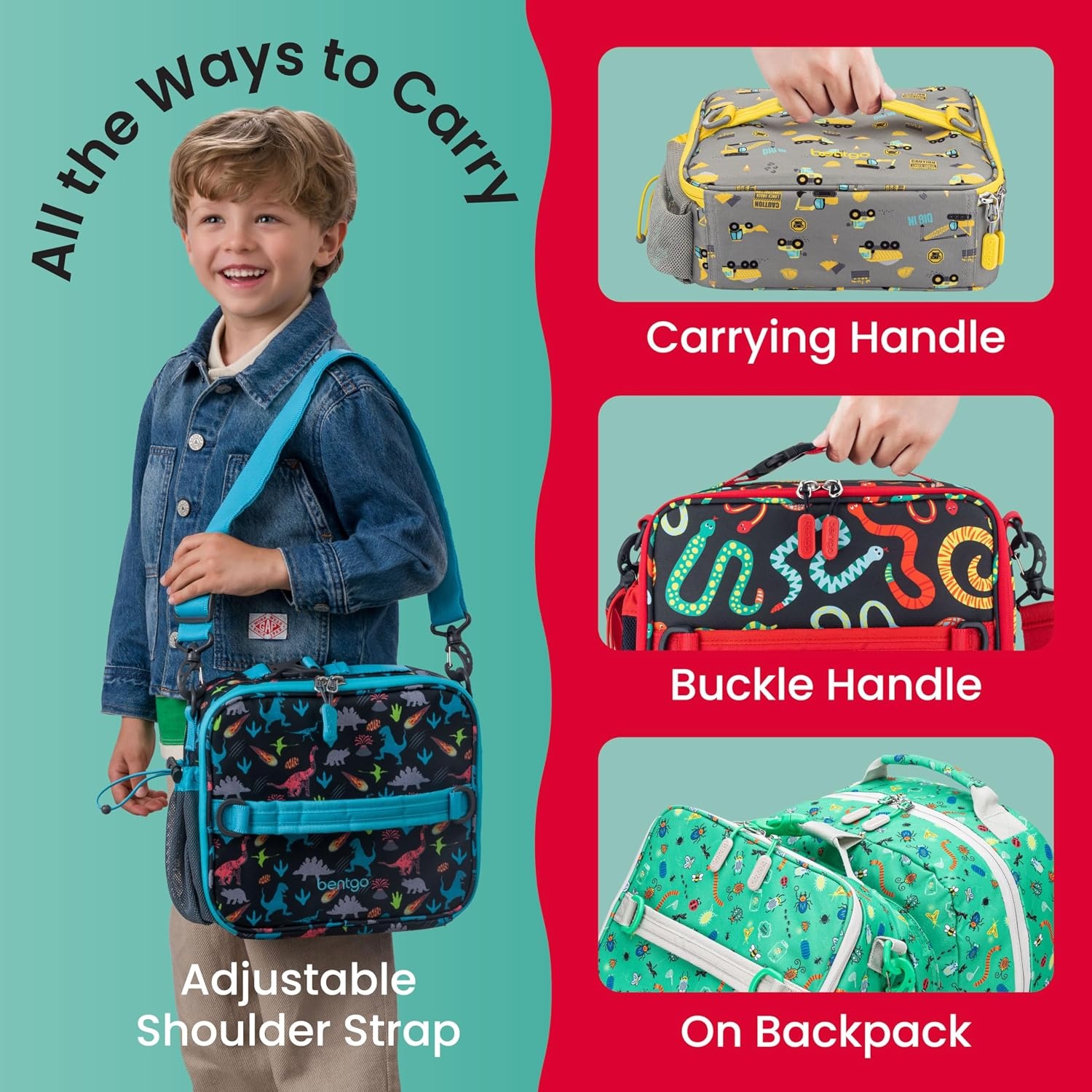 image:imageBentgo Kids Prints DoubleInsulated Reusable Lunch Bag For Kids 3 Adjustable Strap Holds Lunch BoxWater BottleSnacks EasyClean WaterResistant Pockets NEW Ballet amp BowsSssnakes