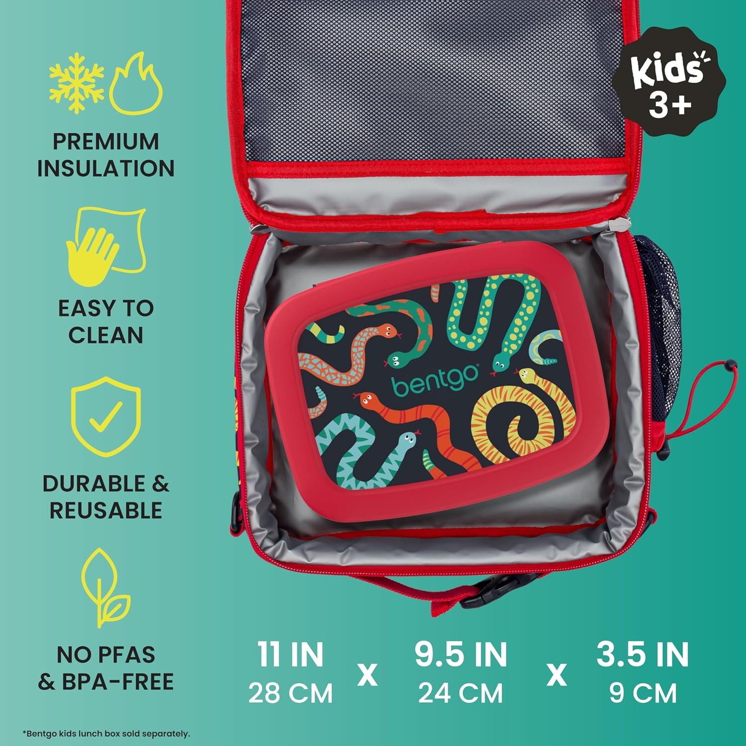 image:imageBentgo Kids Prints DoubleInsulated Reusable Lunch Bag For Kids 3 Adjustable Strap Holds Lunch BoxWater BottleSnacks EasyClean WaterResistant Pockets NEW Ballet amp BowsSssnakes