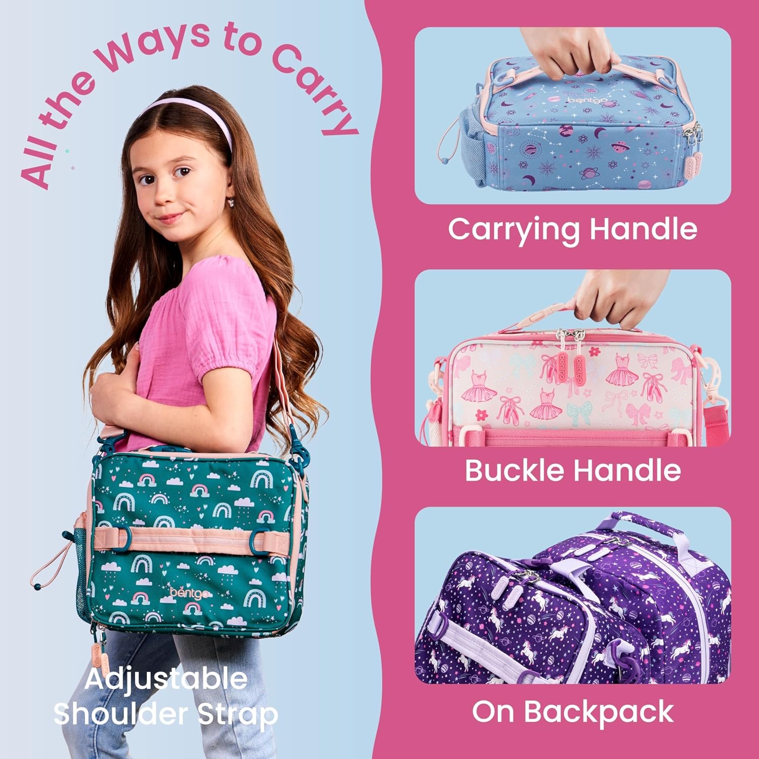 image:imageBentgo Kids Prints DoubleInsulated Reusable Lunch Bag For Kids 3 Adjustable Strap Holds Lunch BoxWater BottleSnacks EasyClean WaterResistant Pockets NEW Ballet amp BowsBlooming Floral