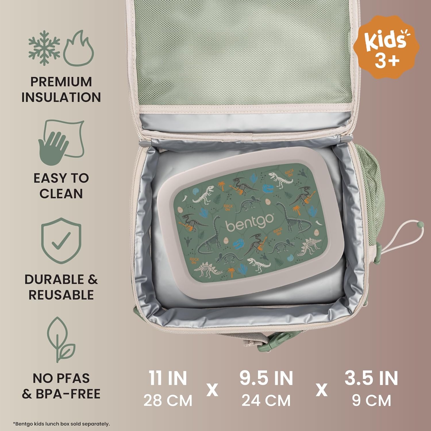 image:imageBentgo Kids Prints DoubleInsulated Reusable Lunch Bag For Kids 3 Adjustable Strap Holds Lunch BoxWater BottleSnacks EasyClean WaterResistant Pockets NEW Ballet amp BowsDino Fossils