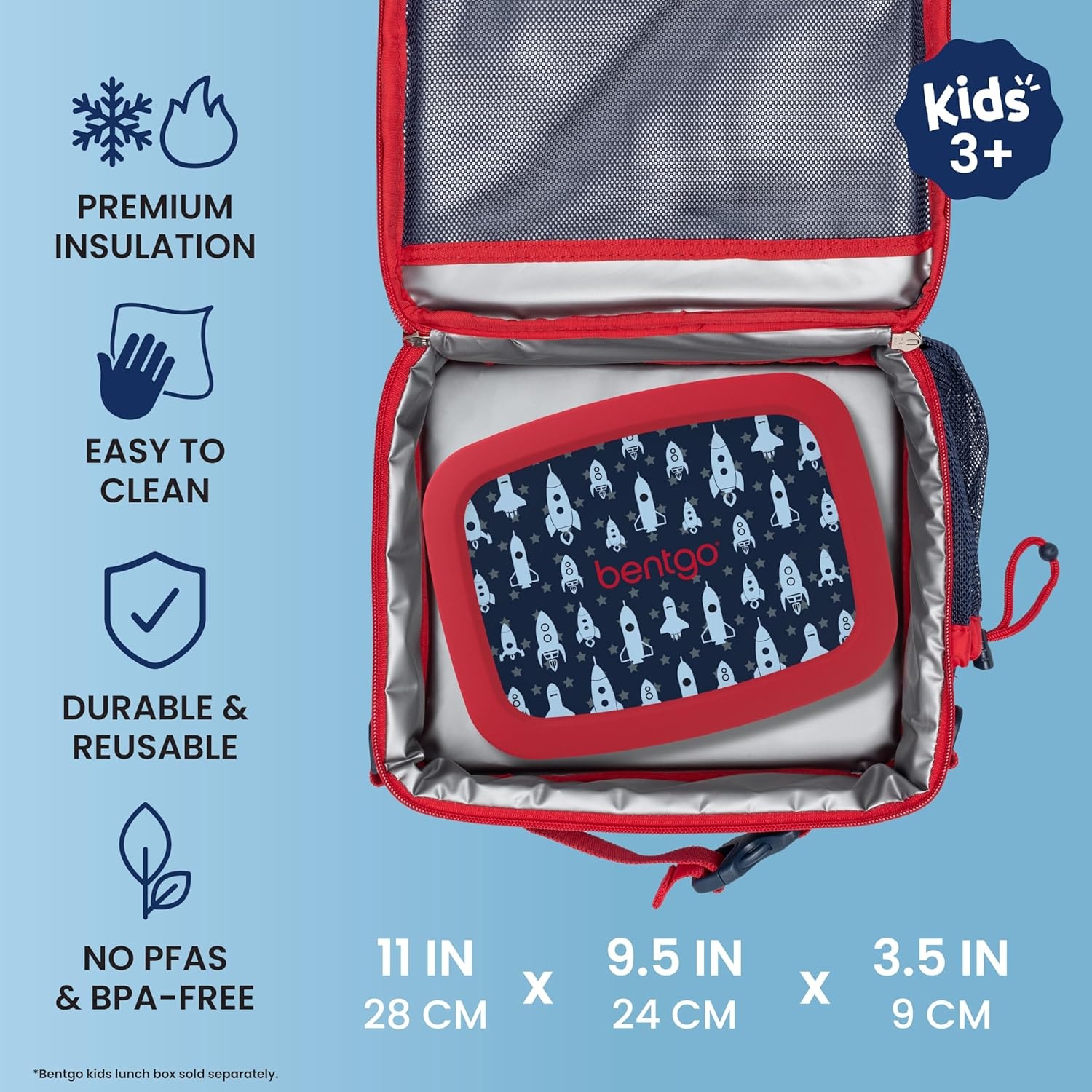 image:imageBentgo Kids Prints DoubleInsulated Reusable Lunch Bag For Kids 3 Adjustable Strap Holds Lunch BoxWater BottleSnacks EasyClean WaterResistant Pockets NEW Ballet amp BowsRocket